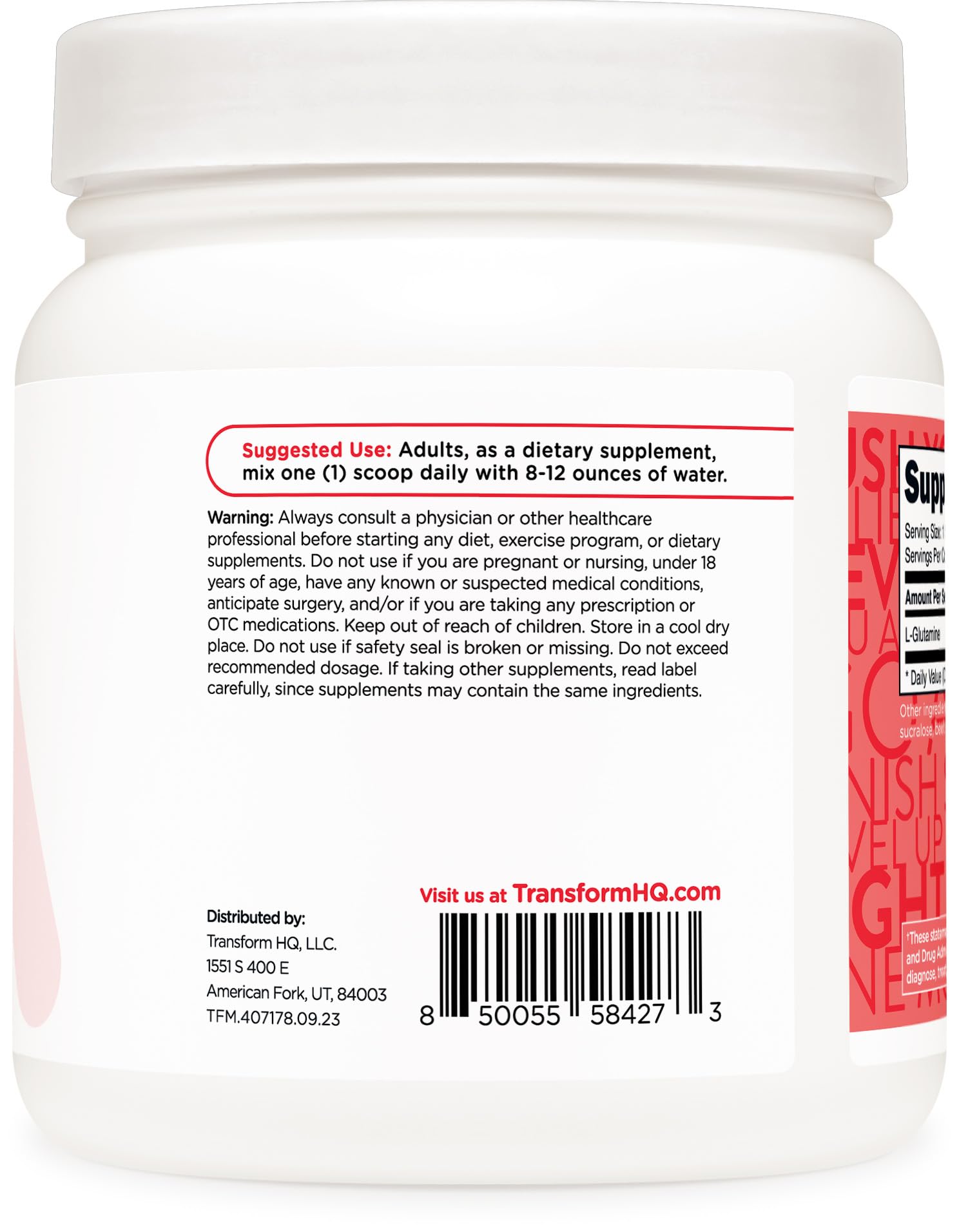 Poudre L-Glutamine TransformHQ dans un shaker, goût Fraise-Citron délicieux et rafraîchissant pour booster vos séances