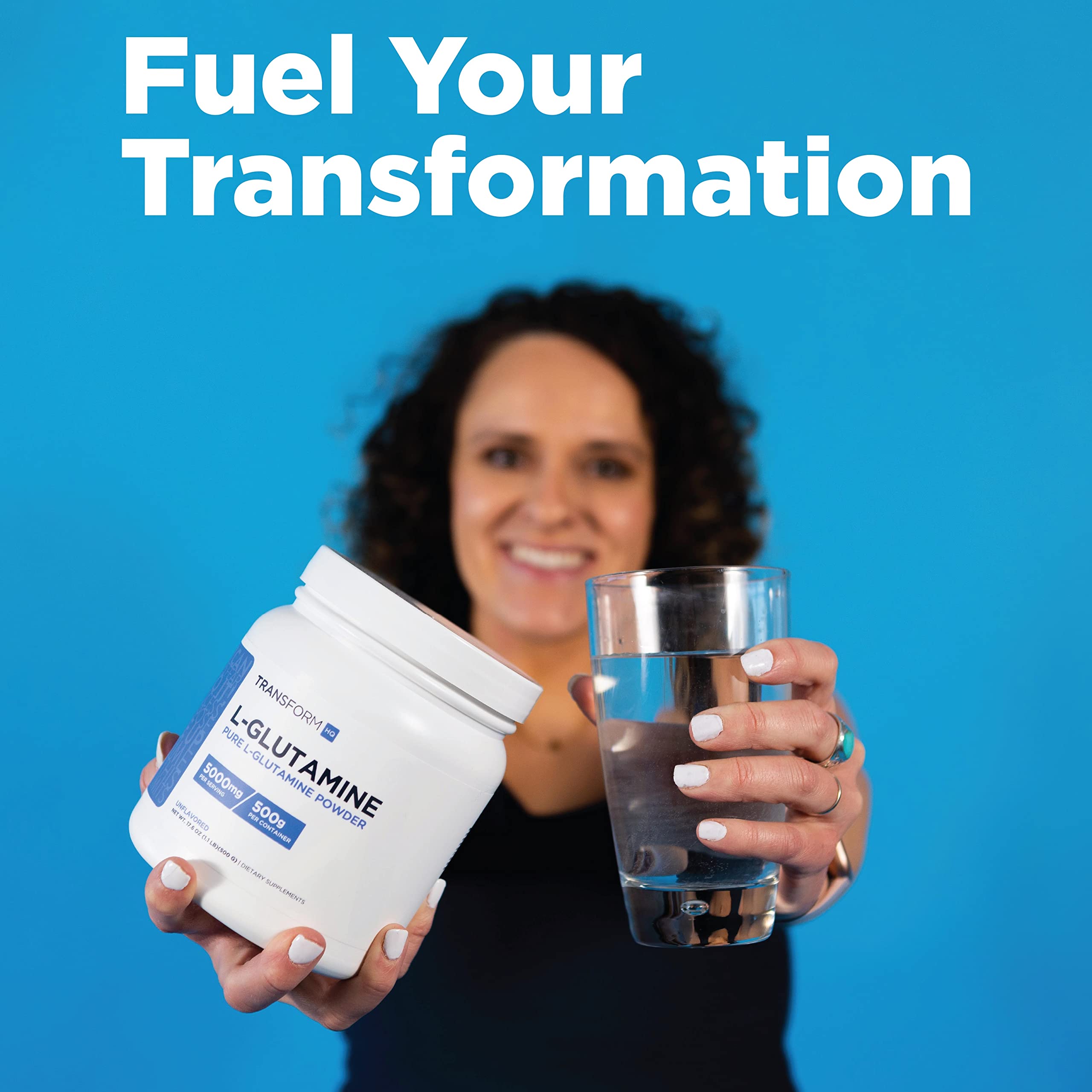 TransformHQ L-Glutamine Poudre - étiquette claire et ingrédients.