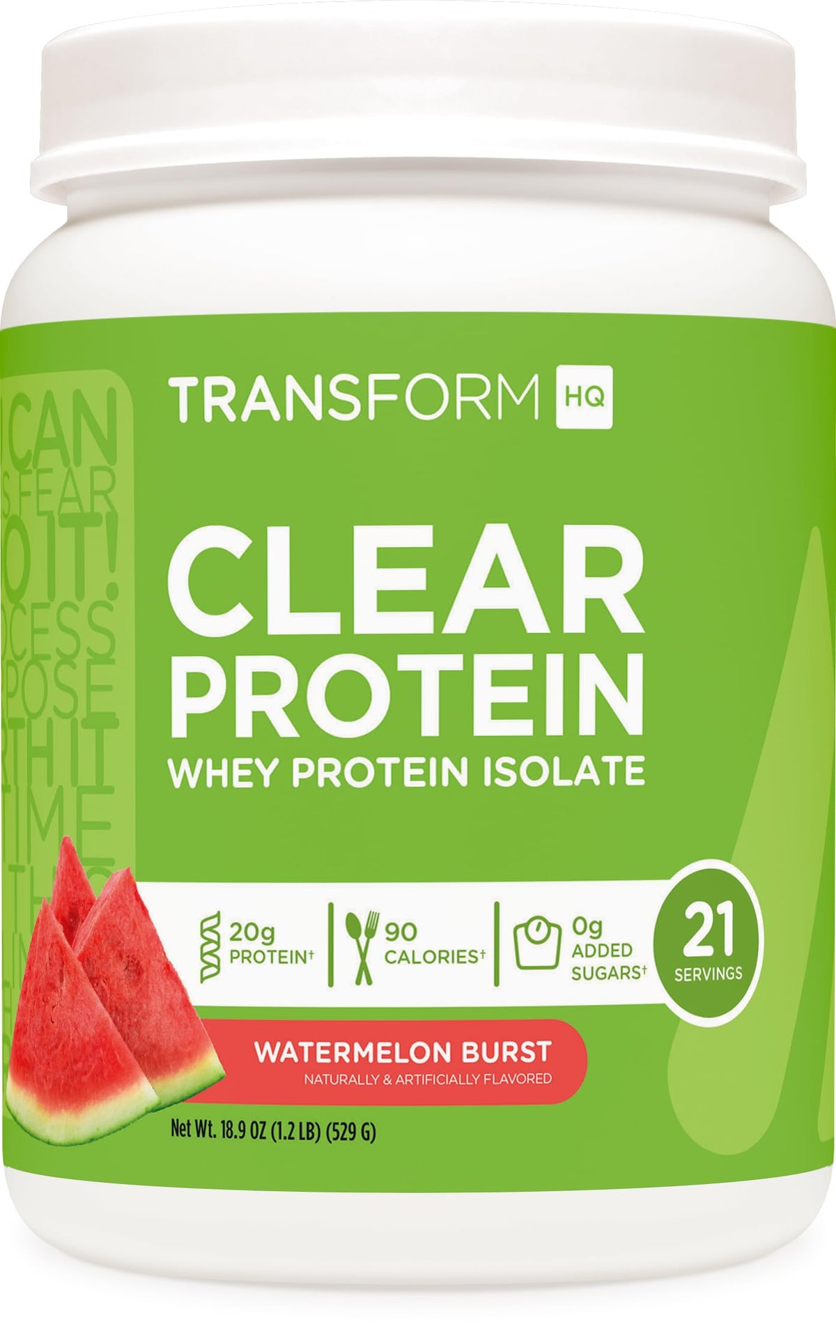TransformHQ poudre proteine claire saveur pasteque dans une bouteille, boisson rafraichissante