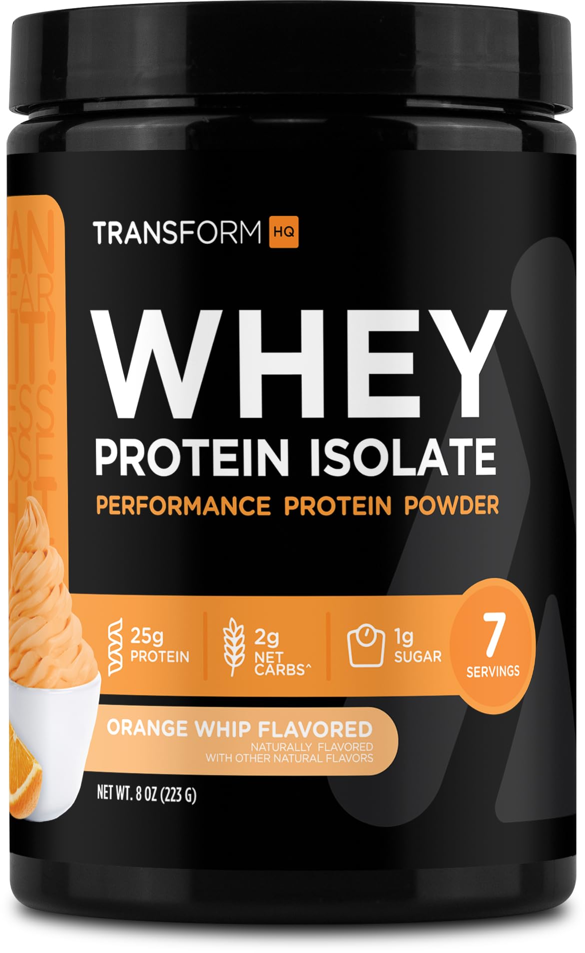TransformHQ Protéine isolat Orange Whip, bouteille pratique pour collations protéinées quotidiennes.