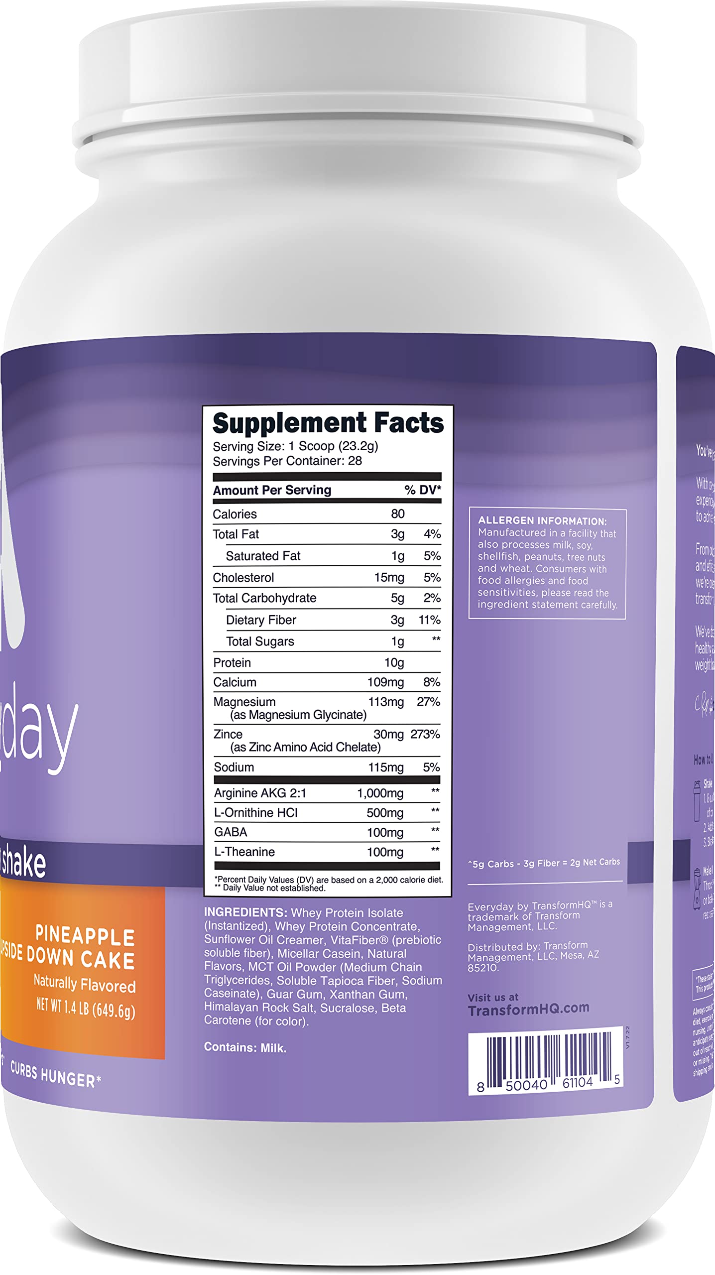 TransformHQ Nighttime Shake: étiquette avec certifications NSF GMP FDA, qualité garantie.