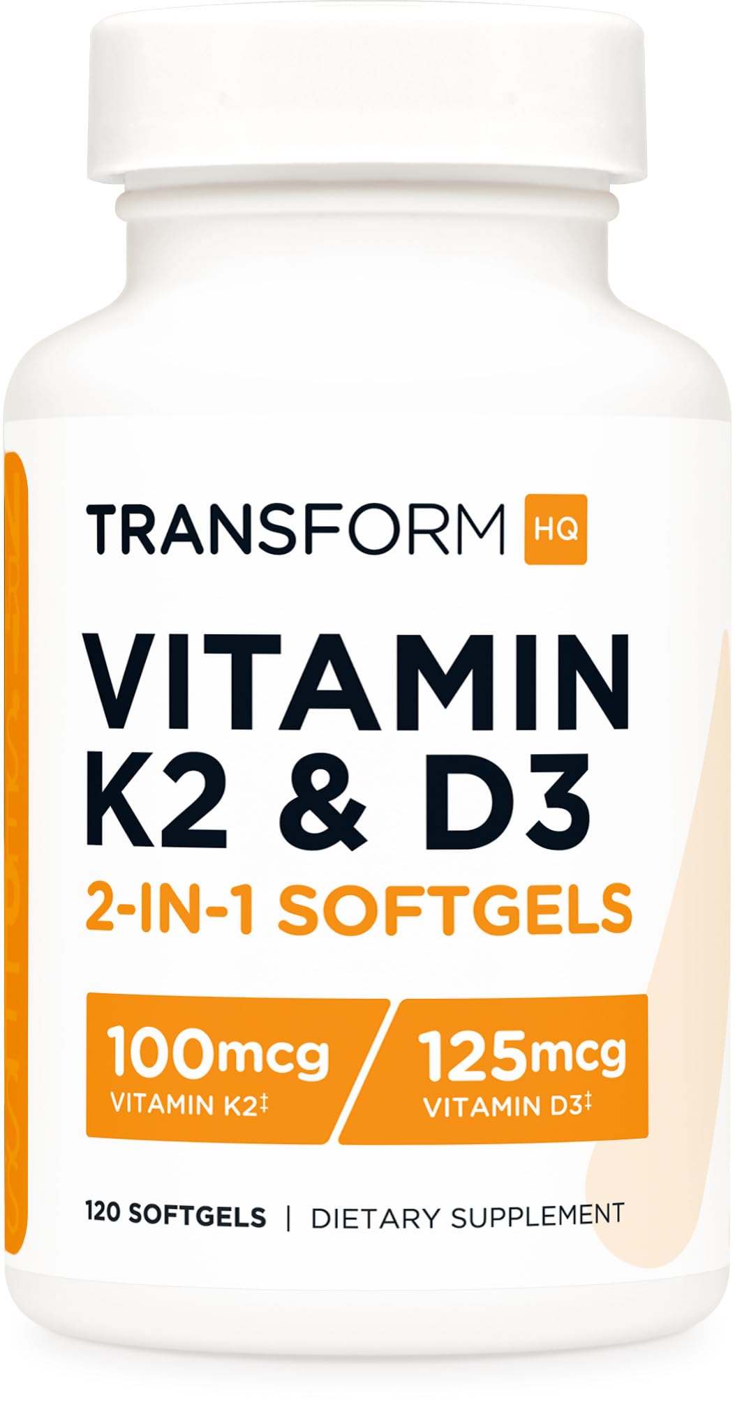 TransformHQ Vitamine K2 + D3 – bouteille visible, prise quotidienne facilitée
