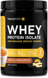 TransformHQ Whey Isolate crème brulee en bouteille, pratique pour une collation protéinée après l'entraînement.
