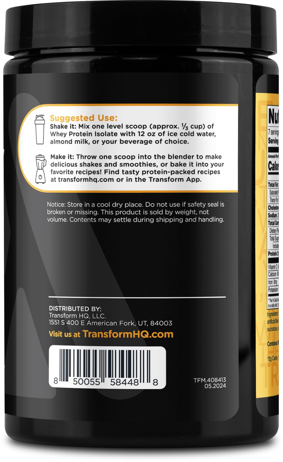 TransformHQ Whey Isolate crème brulee shaker, mélange homogène rapide.