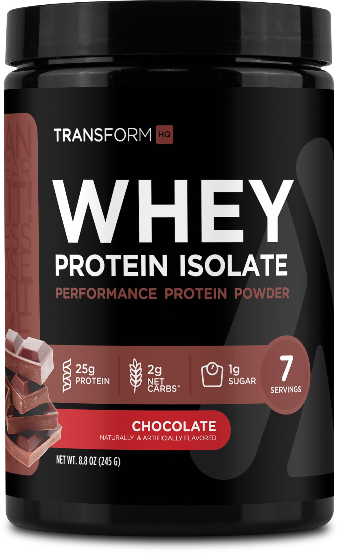 TransformHQ Whey Protein Isolate chocolat emballage clair et pratique pour votre routine.