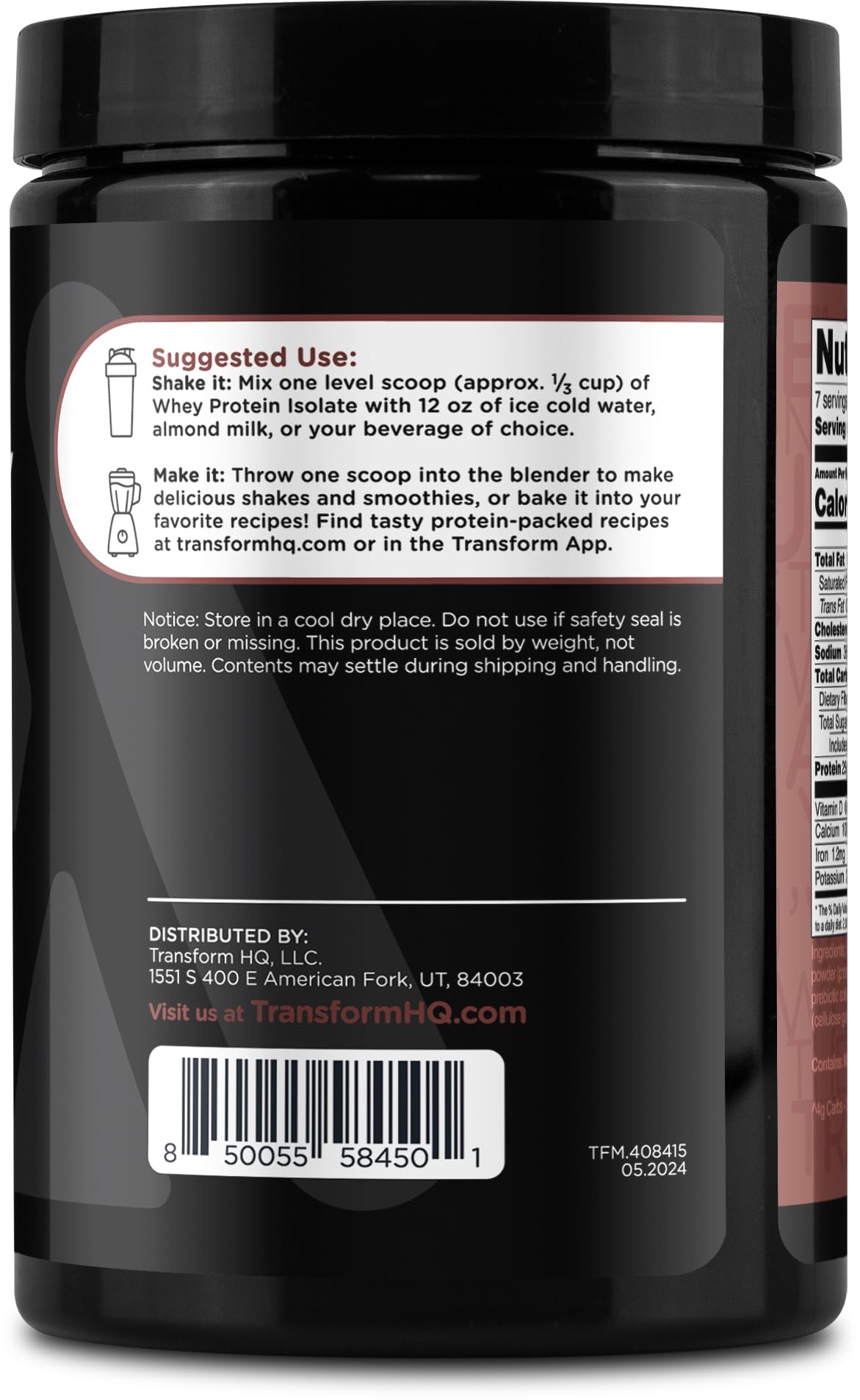 TransformHQ Whey Protein Isolate chocolat mélange dans eau pour shake rapide.