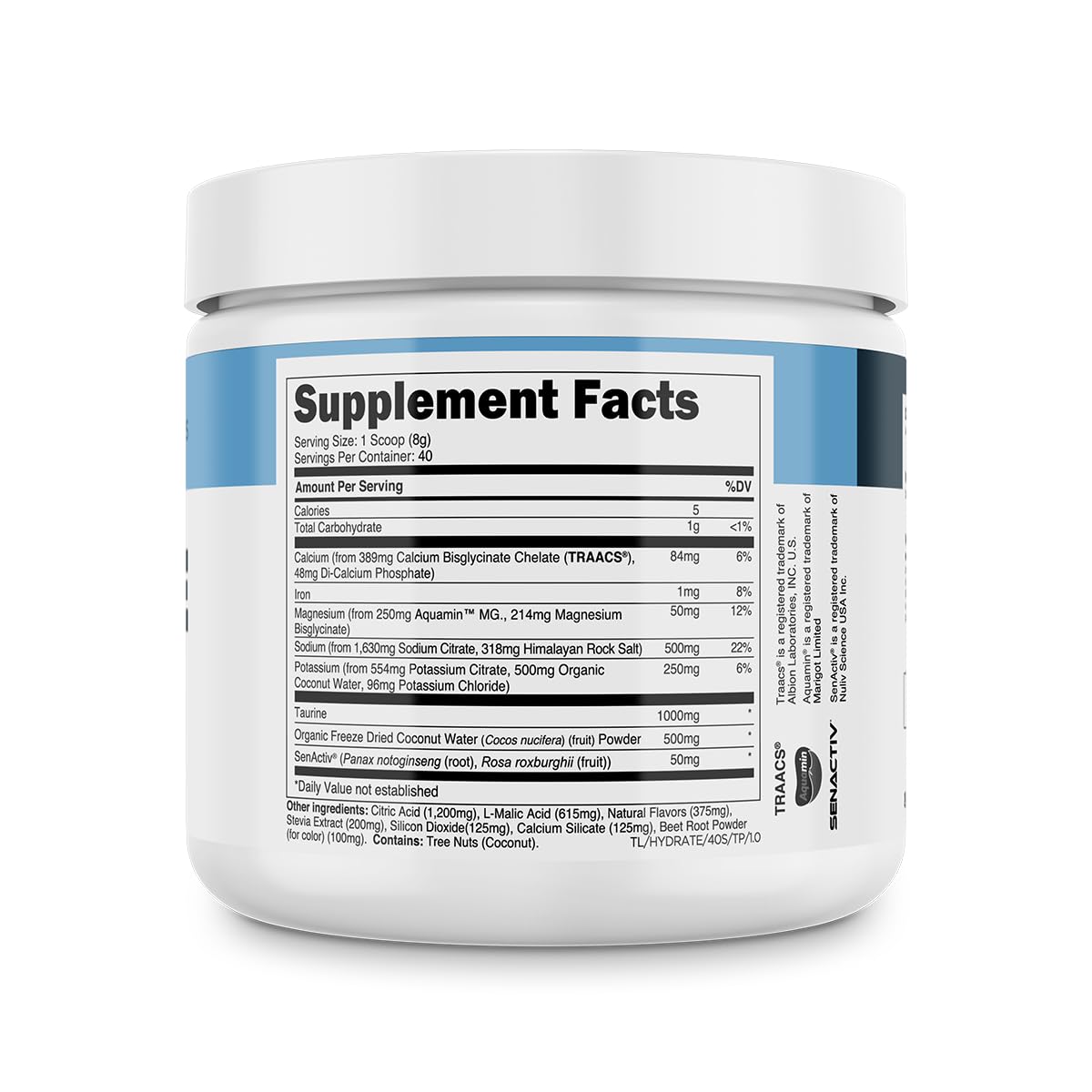 Transparent Labs Hydrate, emballage 40 portions, pratique pour planifier vos séances d'hydratation.
