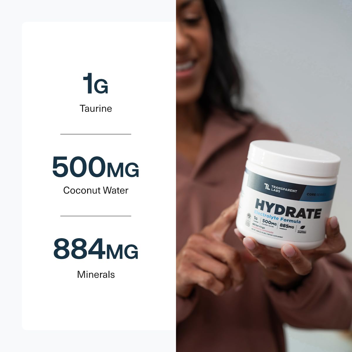 Transparent Labs Hydrate, ingrédients naturels, eau de coco et calcium, pour une formule propre.