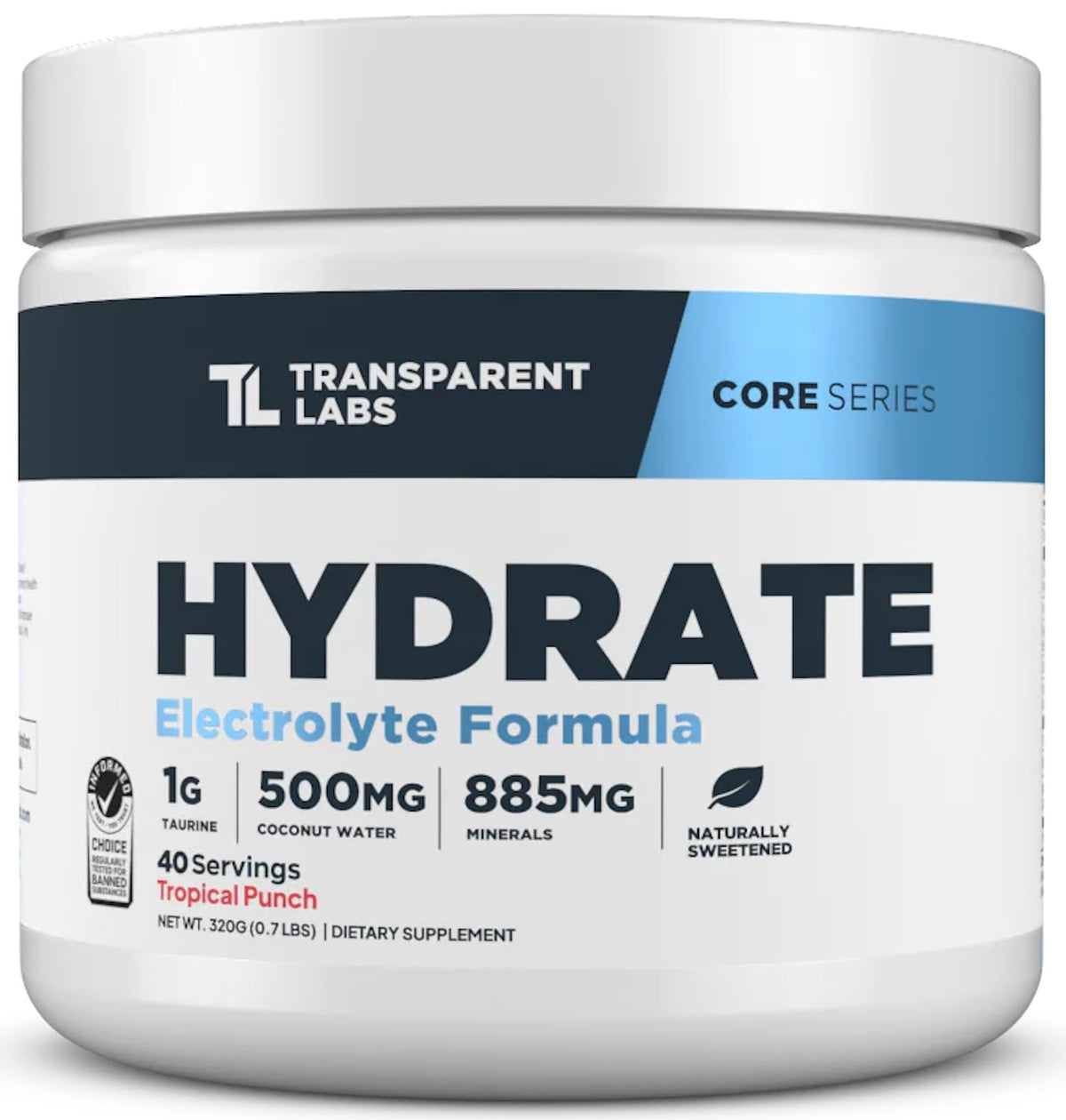 Transparent Labs Hydrate, poudre électrolytes saveur tropicale, pour une hydratation soutenue pendant l'effort.