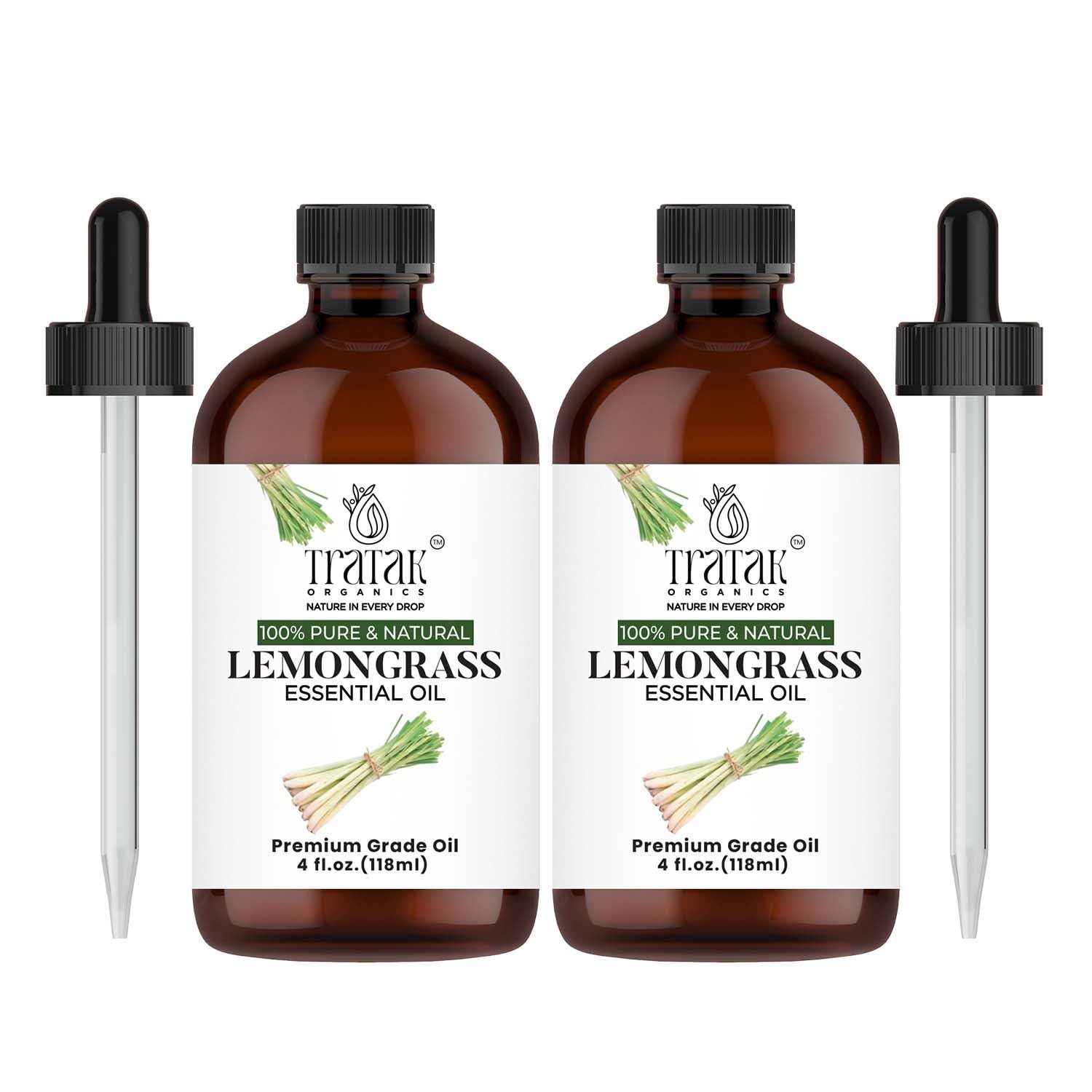 Huile citronnelle Tratak Organics dans une bouteille ambrée avec compte-gouttes pour dosage précis.