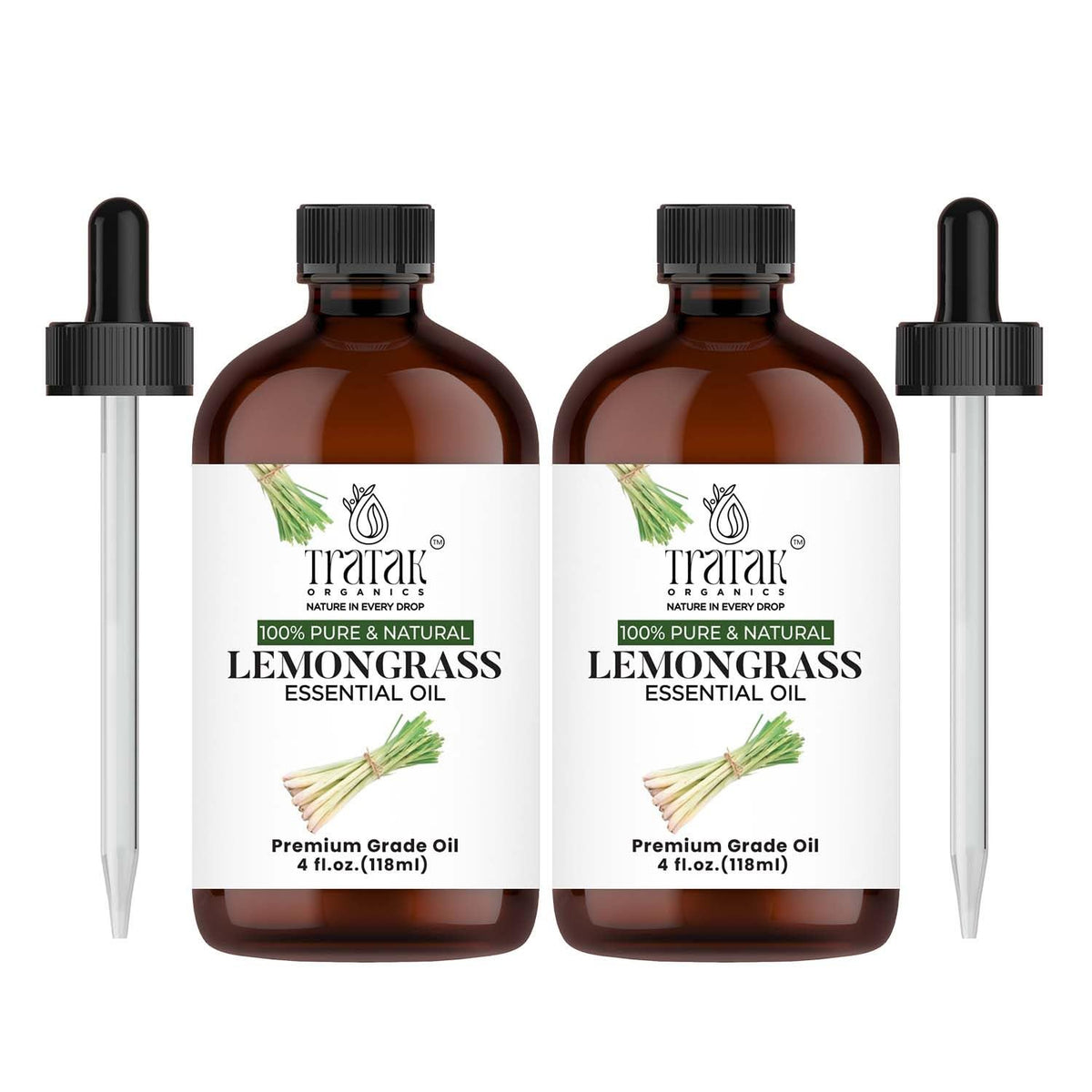 Huile citronnelle Tratak Organics dans une bouteille ambrée avec compte-gouttes pour dosage précis.