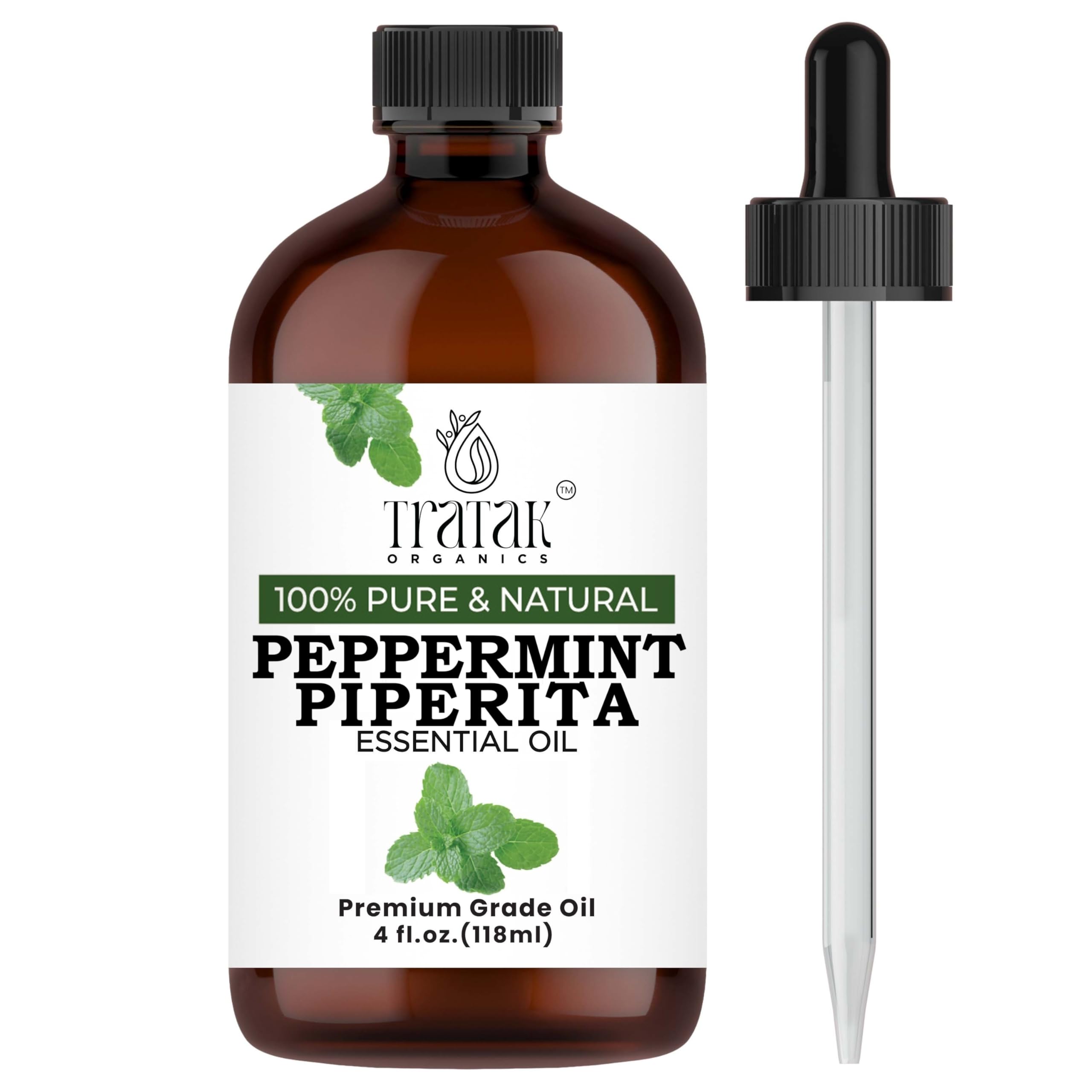 Tratak Organics huile menthe poivrée: bouteille ambrée et pipette pour diffusion précise.