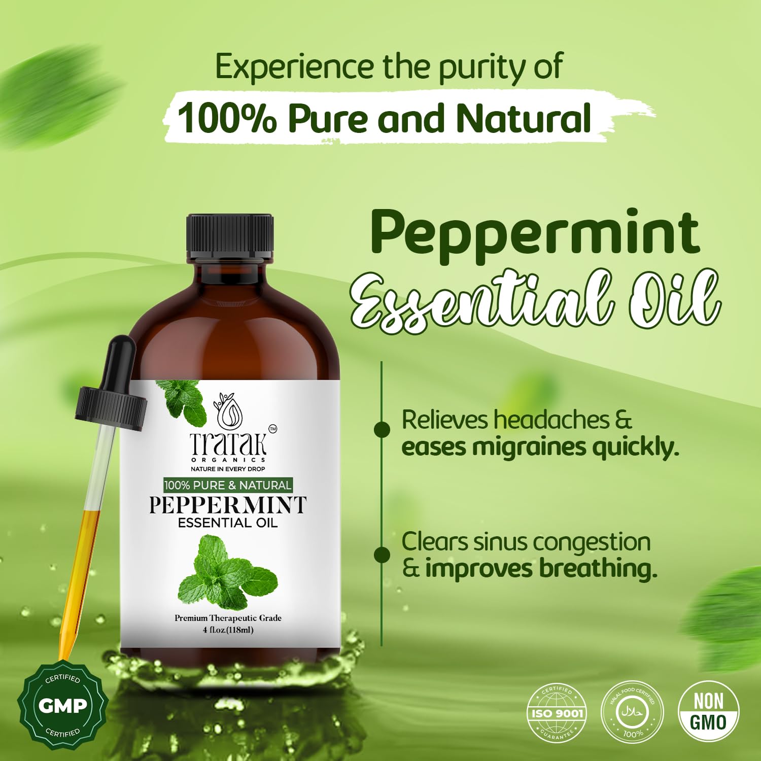 Tratak Organics huile menthe poivrée utilisée dans un diffuseur pour ambiance fraîche.
