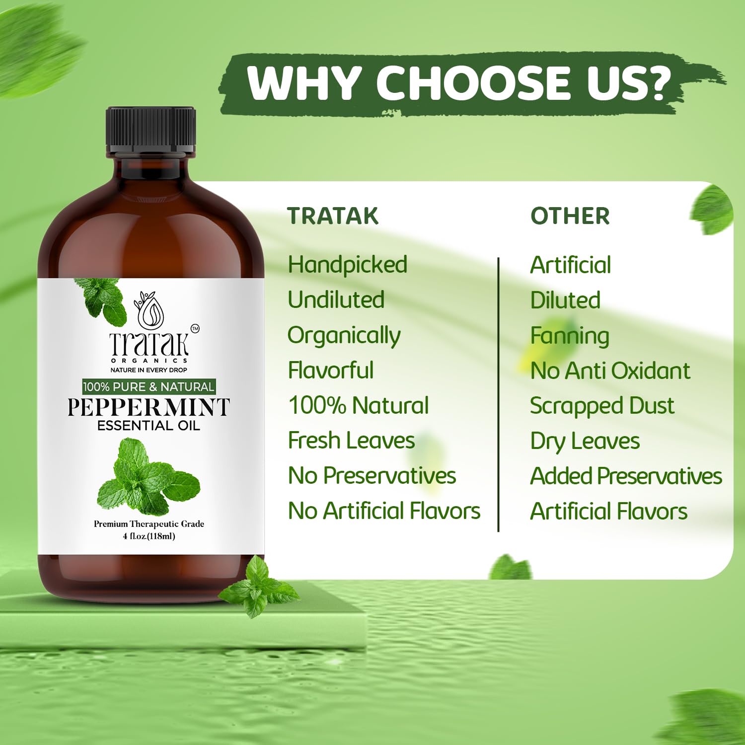 Tratak Organics huile menthe poivrée lors d’un massage corporel pour douceur et fraîcheur.