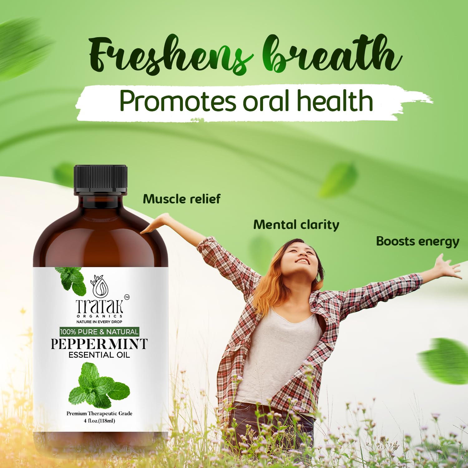 Tratak Organics huile menthe poivrée appliquée sur cheveux pour soin et revitalisation.