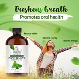 Tratak Organics huile menthe poivrée appliquée sur cheveux pour soin et revitalisation.