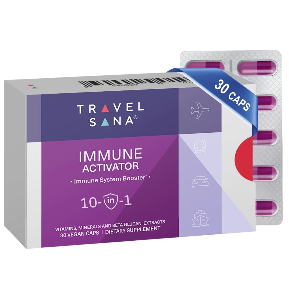 TRAVELSANA Immune Activator : bouteille avec capsules vegan pour soutenir l'immunité en voyage.