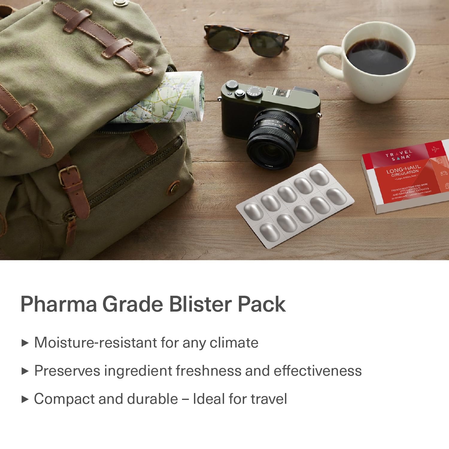 TRAVELSANA Pycnogenol et Gingembre – emballage attractif soulignant le positionnement végan et sans allergènes.