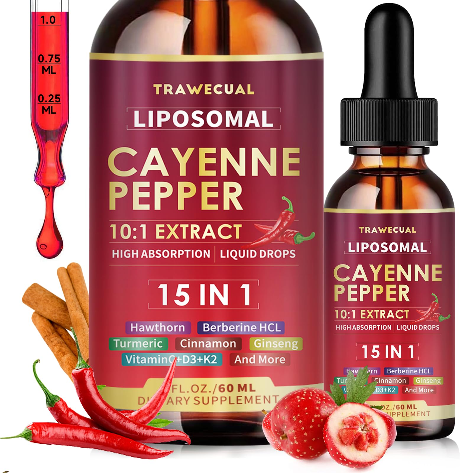 Trawecual gouttes liposomales Cayenne, bouteille et flacon pour énergie et digestion potentielles.