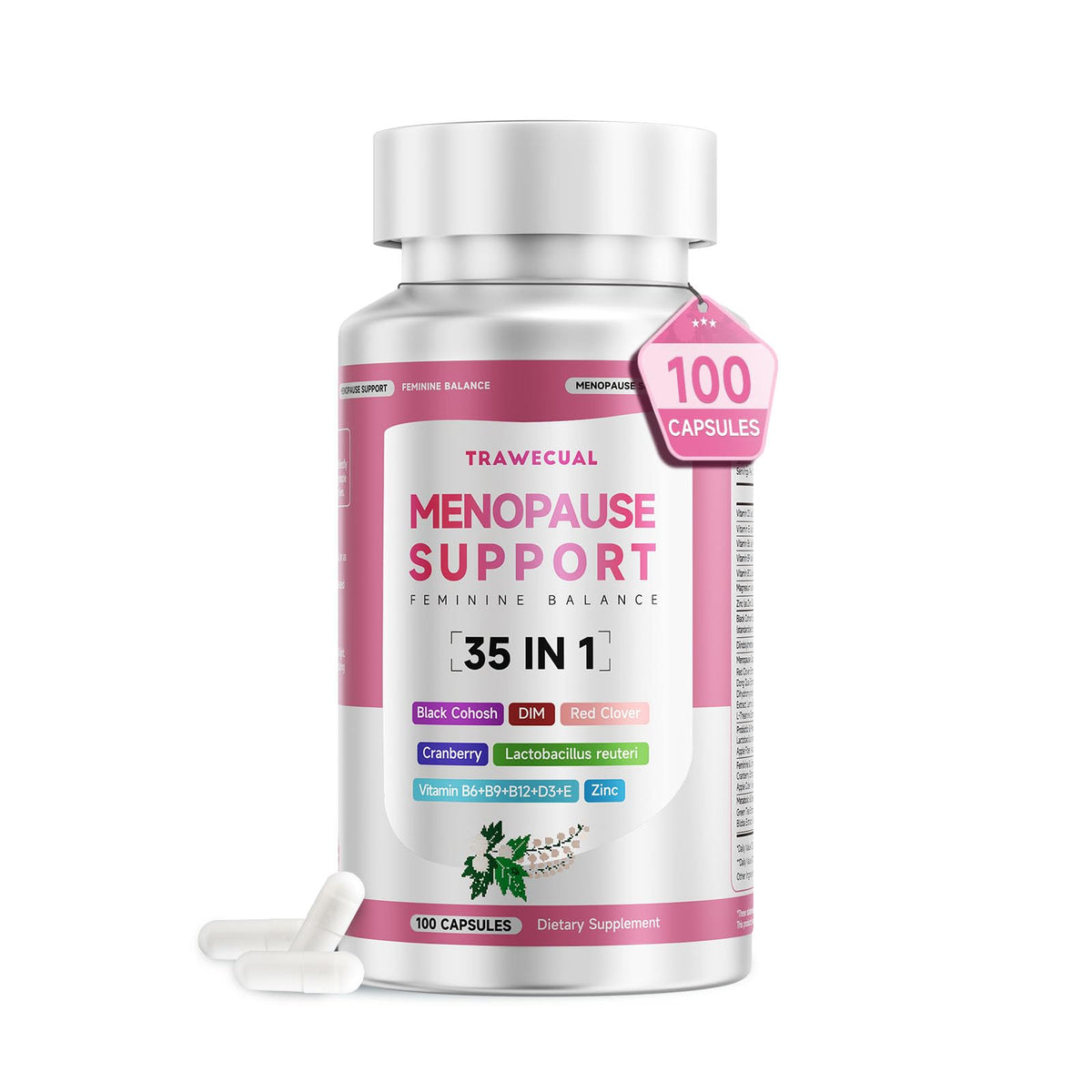 Trawecual – bouteille de capsules ménopause, potentiel soulagement des bouffées de chaleur.