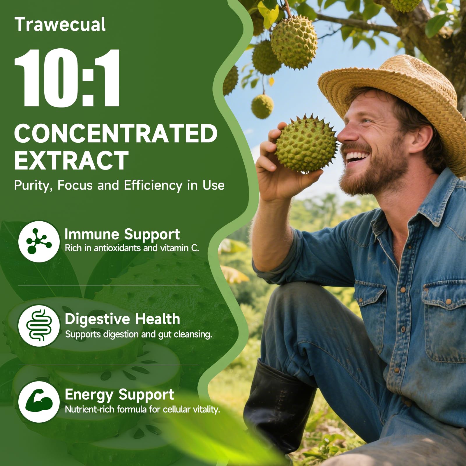 Trawecual feuilles et fruit de corossol, source naturelle d'antioxydants.