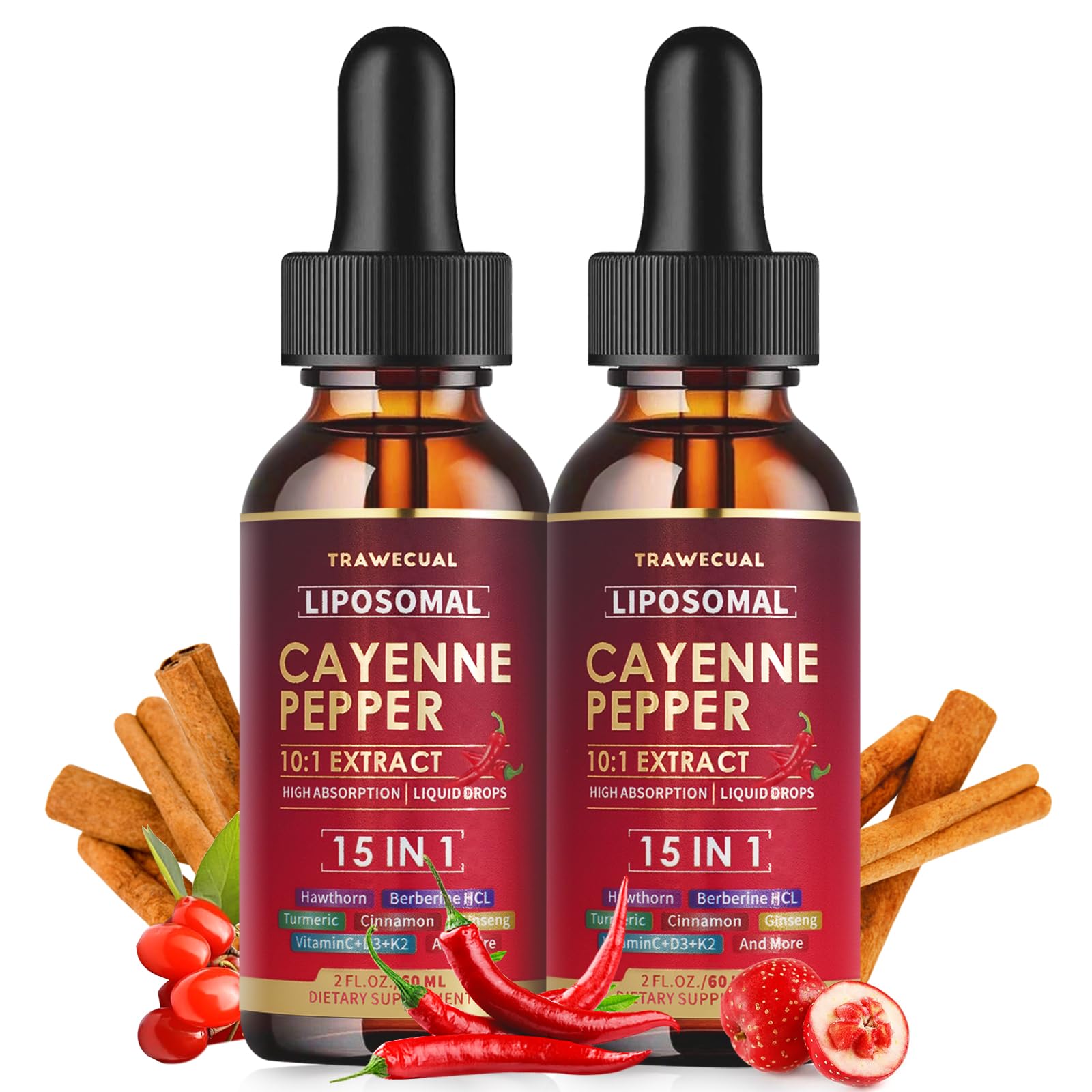 Gouttes liposomales Trawecual Cayenne dans une bouteille, soutien potentiel à la digestion.