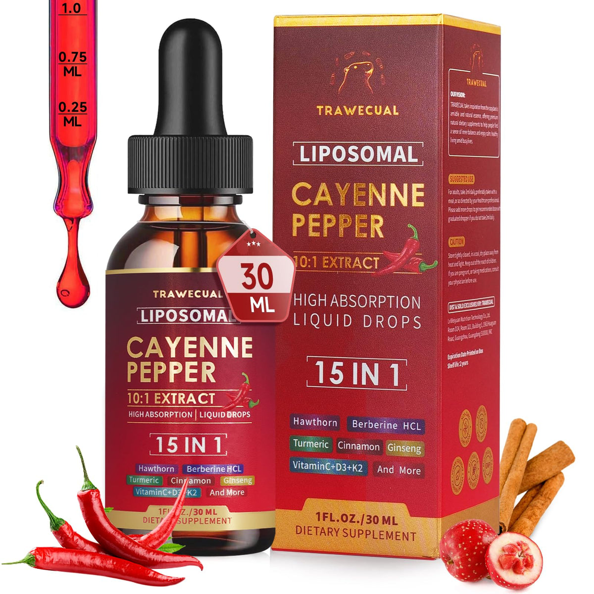 Trawecual Liposomal Cayenne, bouteille frontale, énergie naturelle pratique à emporter