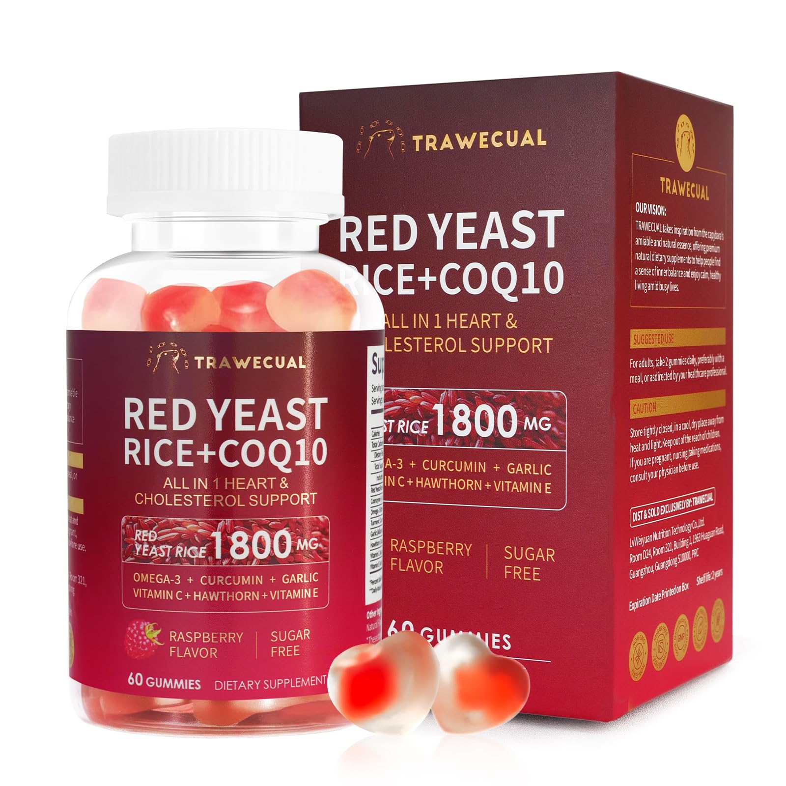 Trawecual riz rouge 1800mg CoQ10 bouteille, formulation concentrée pour soutenir le bien-être quotidien.