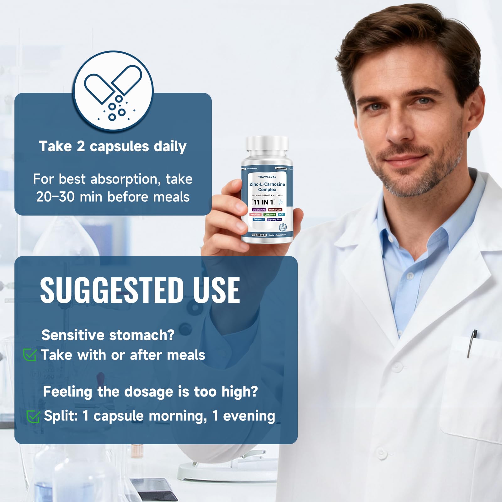 Trawecual Zinc L-Carnosine: emballage et bouchon pratiques pour usage domestique.
