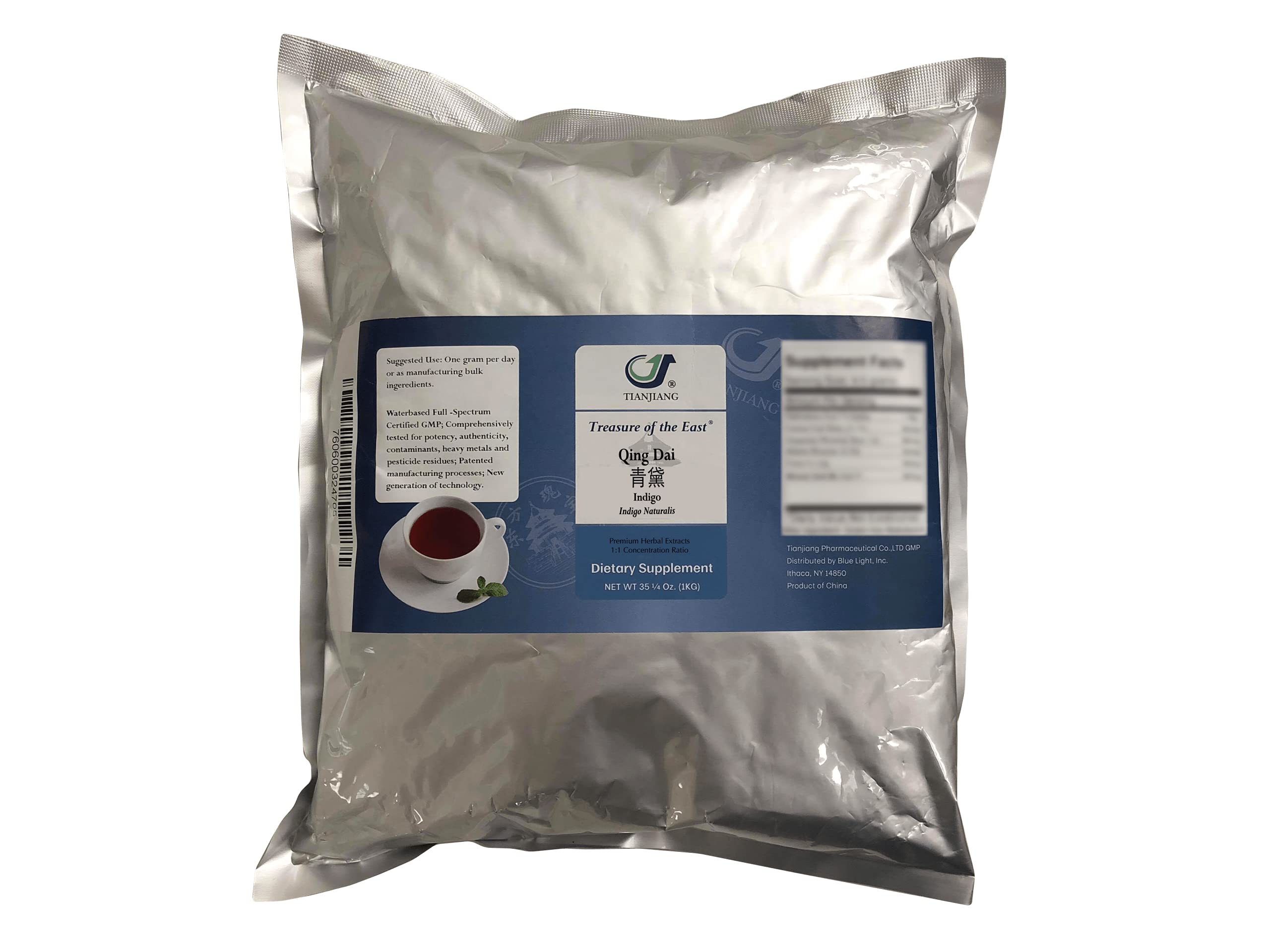 Treasure of the East Indigo Qing Dai en flacon-poudre 1kg, pratique pour préparations quotidiennes.