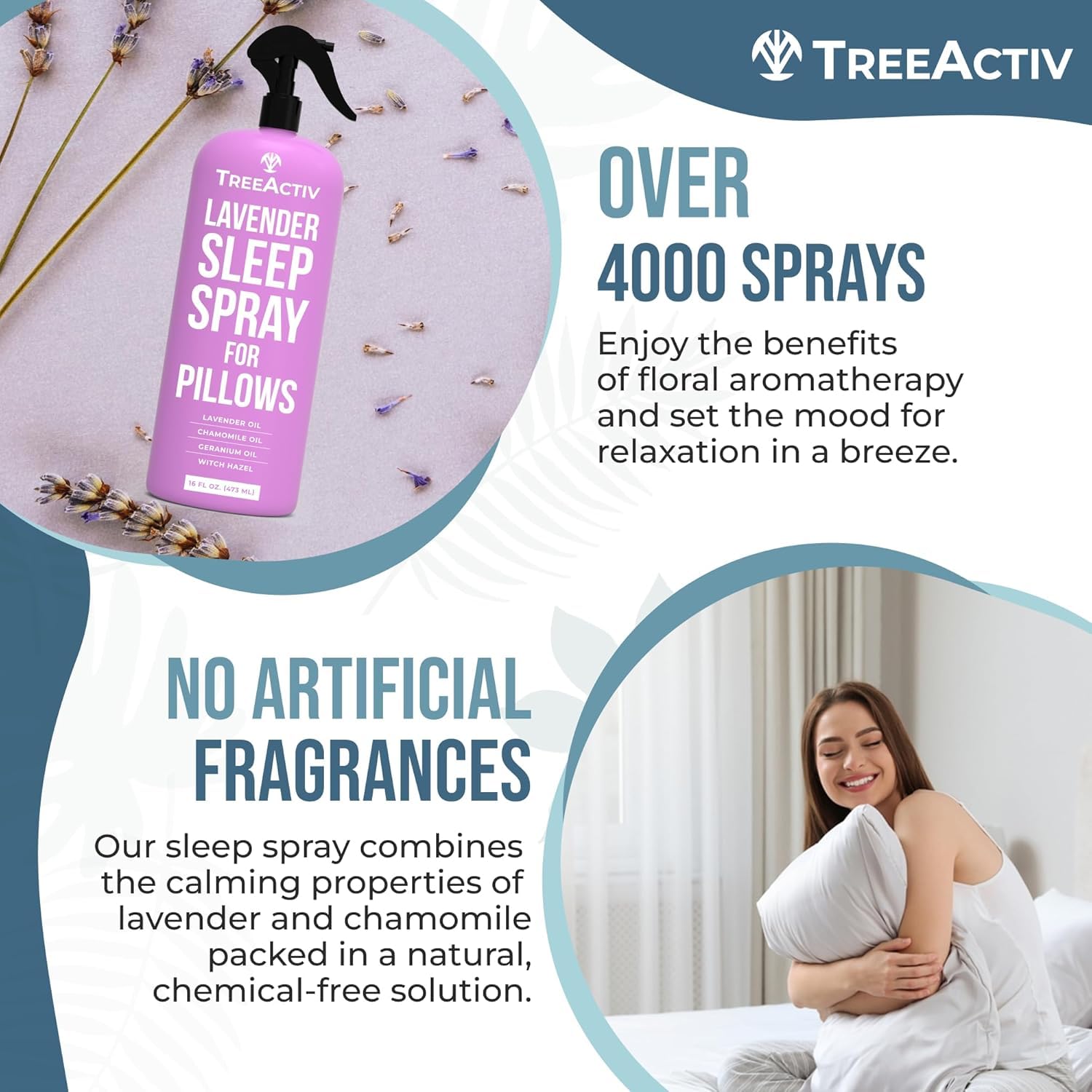 Flacon TreeActiv pour lit, parfum lavande camomille favorisant le calme nocturne.