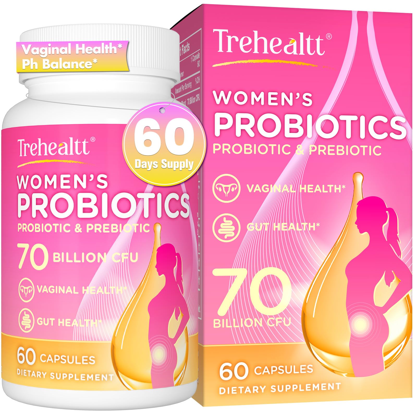 Trehealtt probiotiques vaginaux 70 milliards CFU, flacon pratique pour le quotidien.