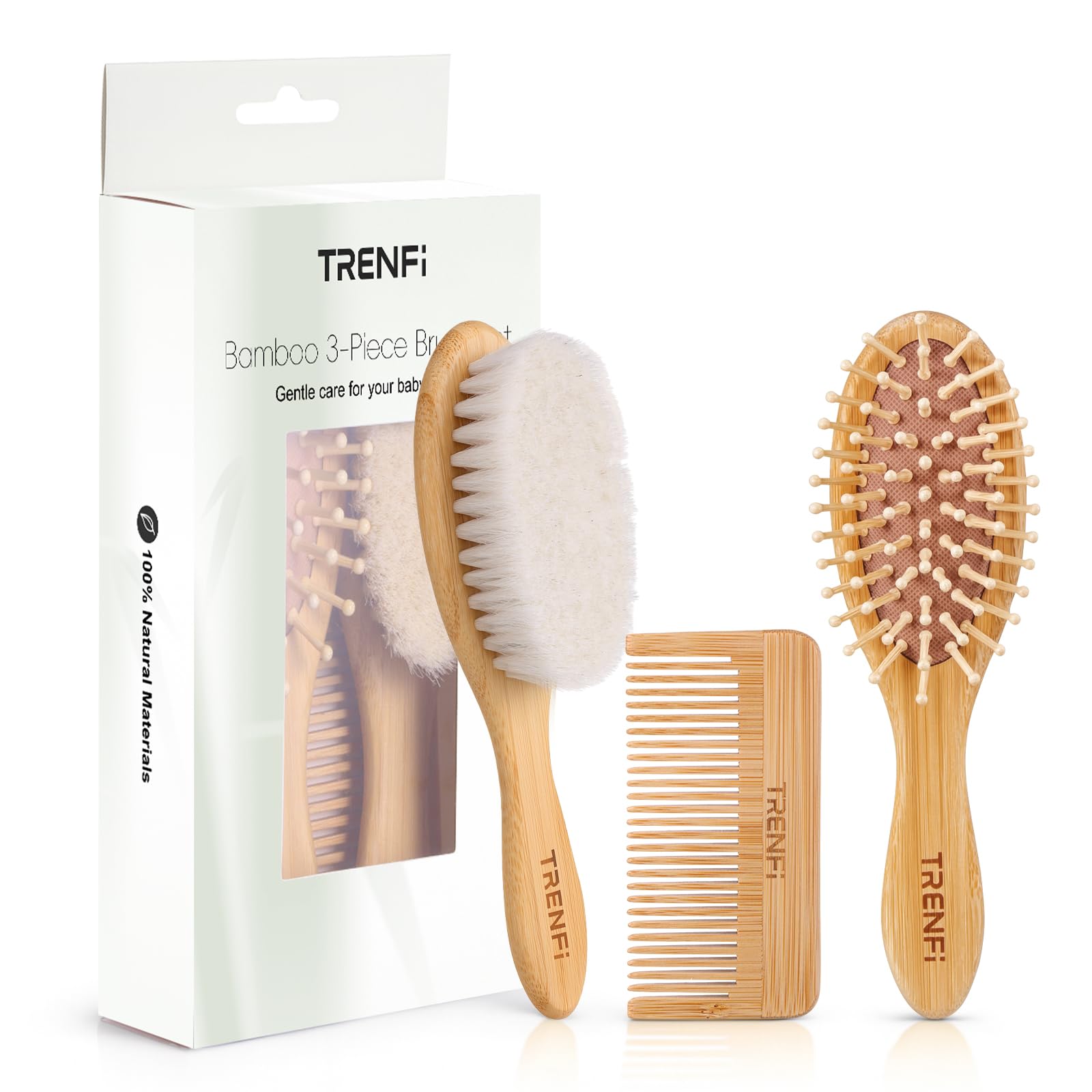 Brosse TRENFI en bambou pour bébé, ensemble 3 pièces, douceur naturelle.