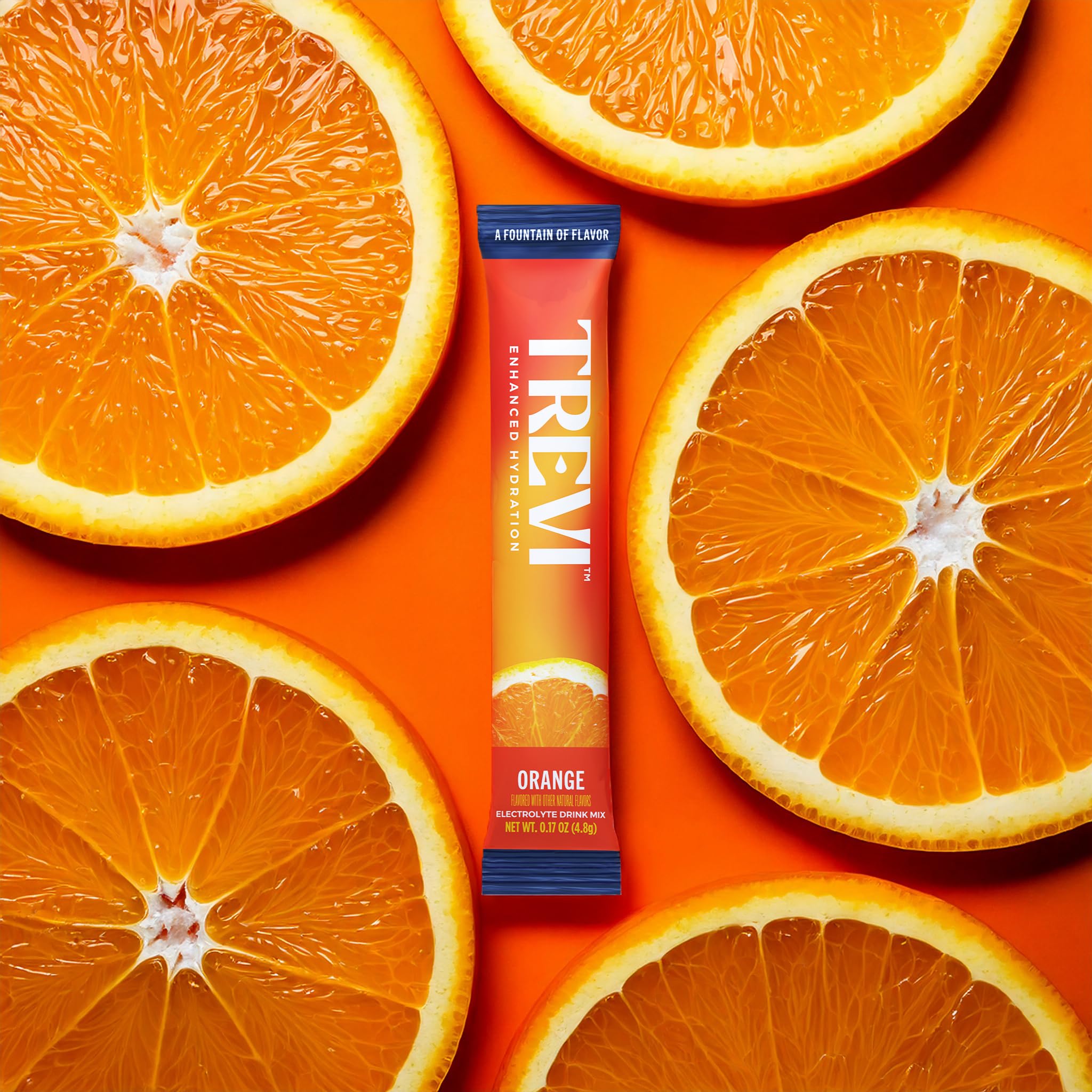 TREVI Électrolytes sans sucre–sachets orange, détail et composition.
