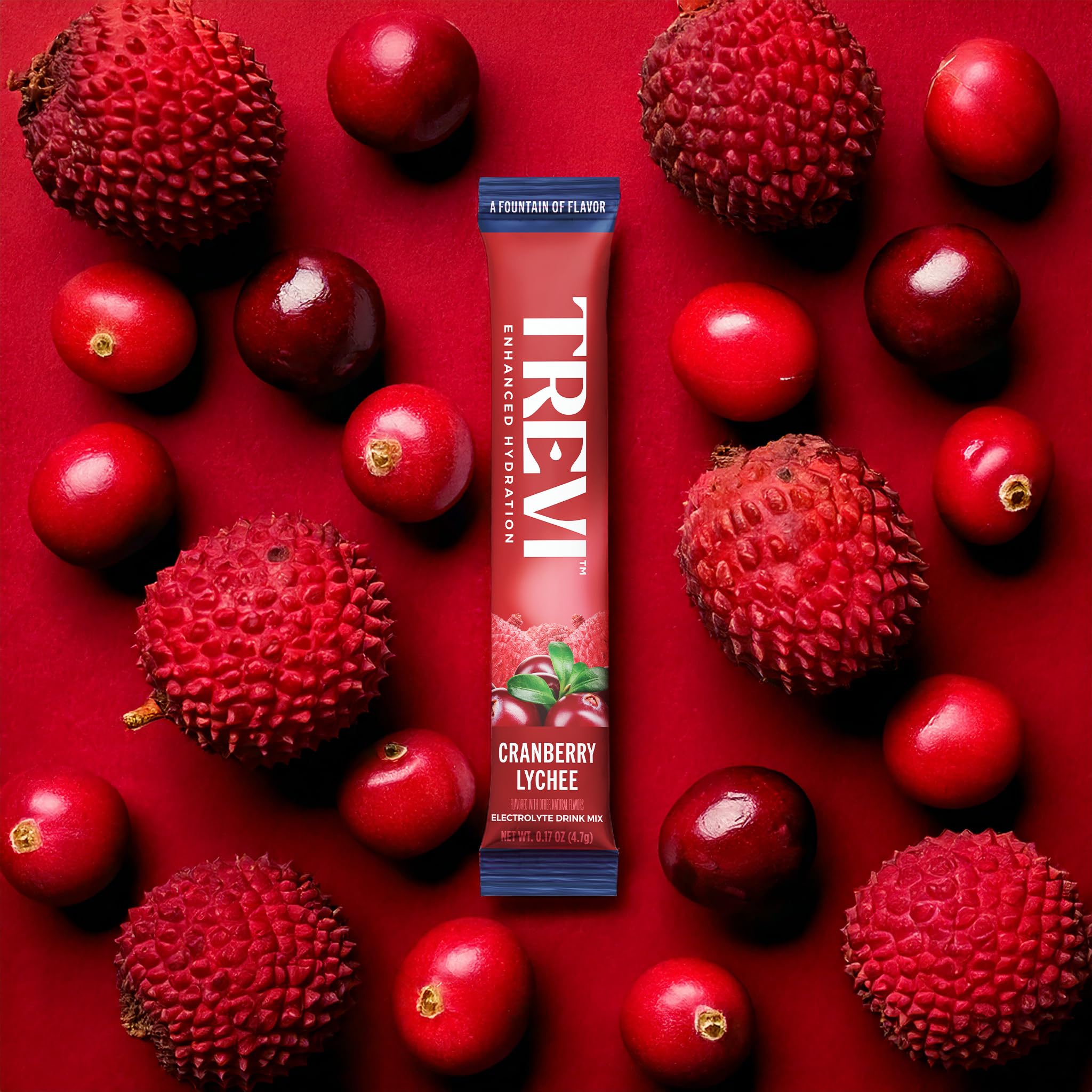 Gros plan sur les ingrédients TREVI sans sucre, saveur fruitée naturelle.