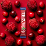 Gros plan sur les ingrédients TREVI sans sucre, saveur fruitée naturelle.