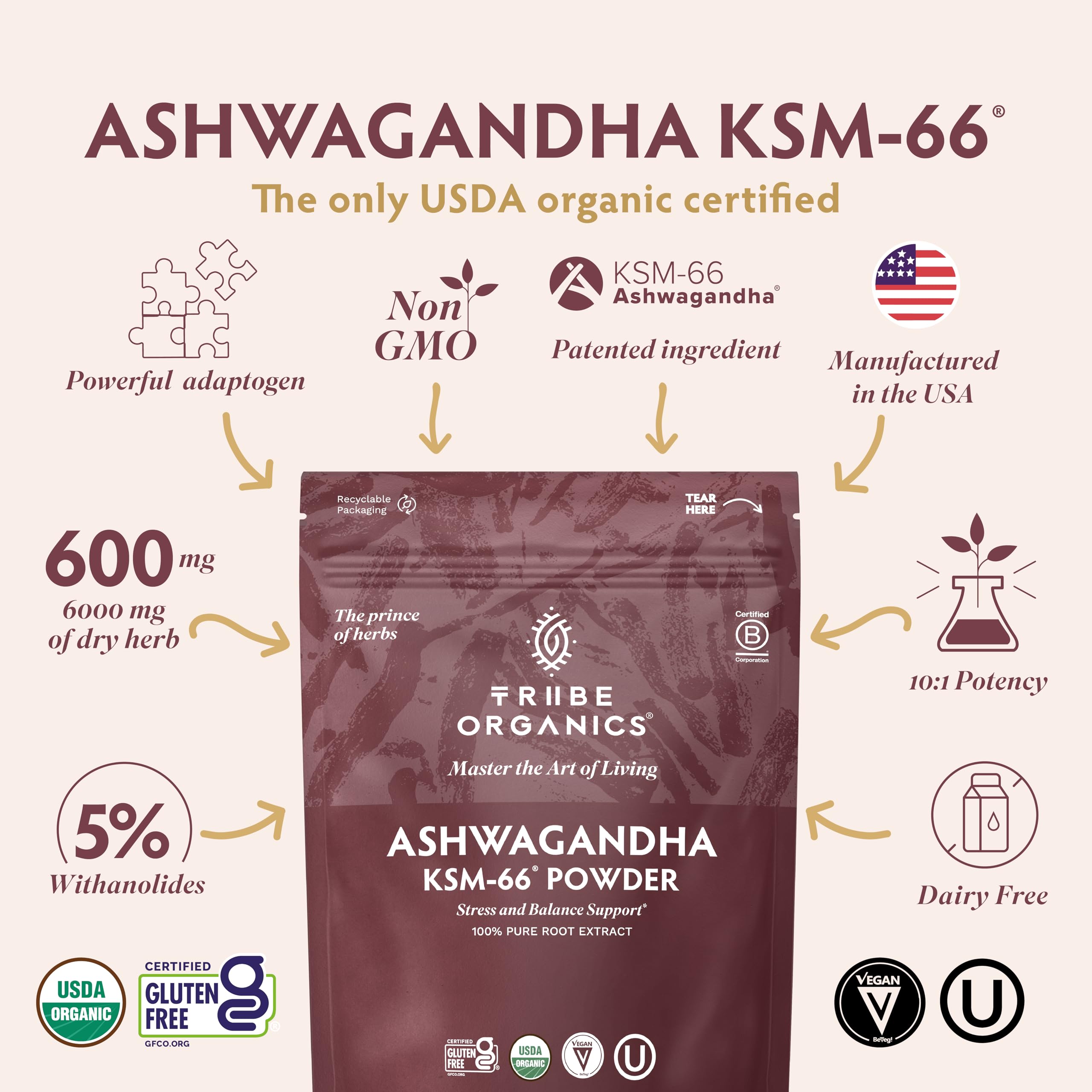 TRIBE ORGANICS Ashwagandha – étiquette montrant 5% withanolides standardisés