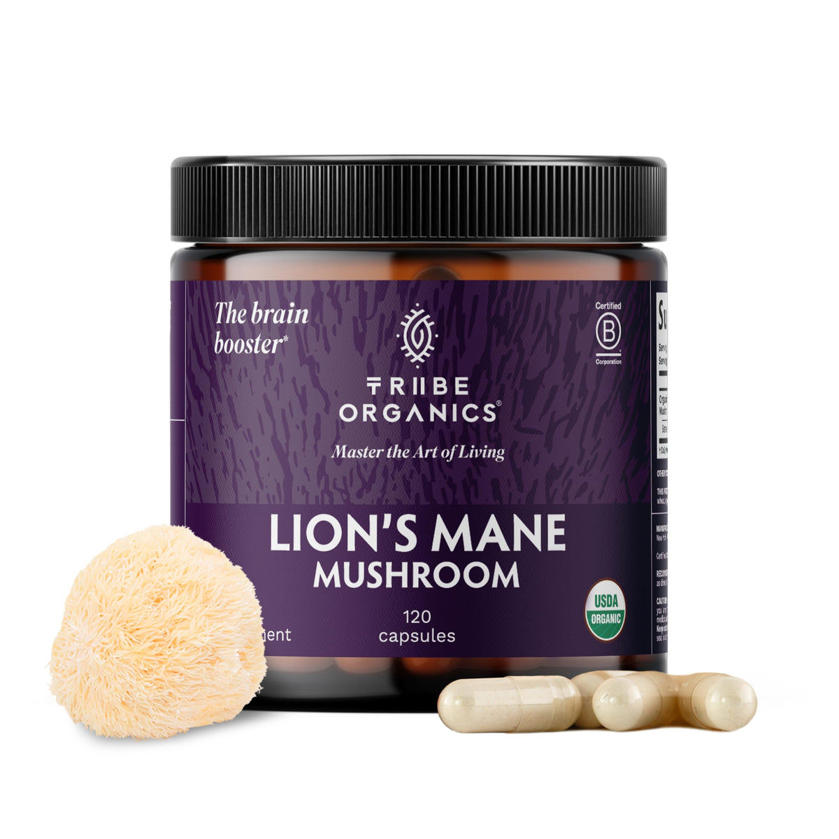 TRIBE ORGANICS Crinière de Lion: emballage affichant pureté biologique et qualité premium