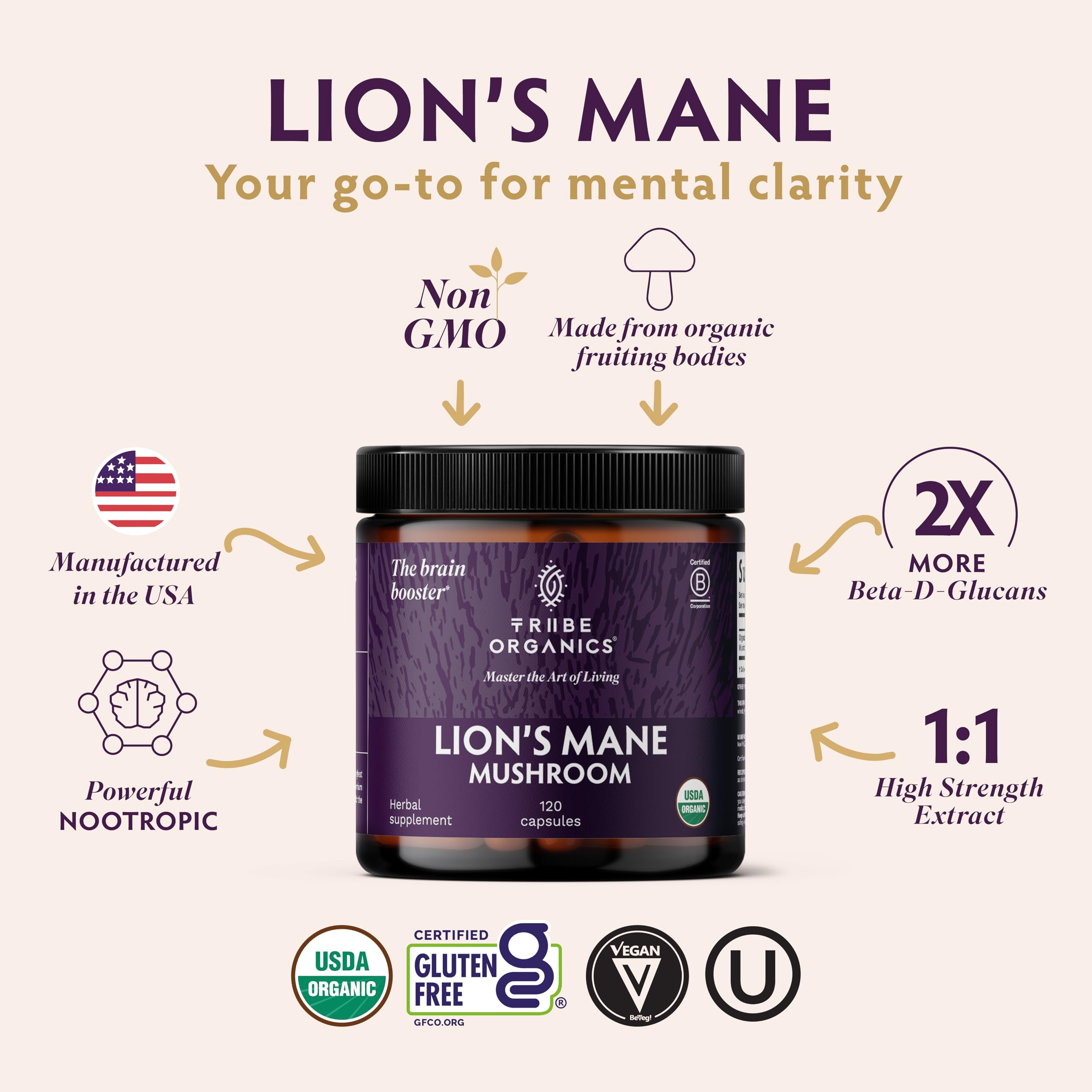 TRIBE ORGANICS Crinière de Lion: étiquette lisible indiquant 1000 mg et ingrédients biologiques