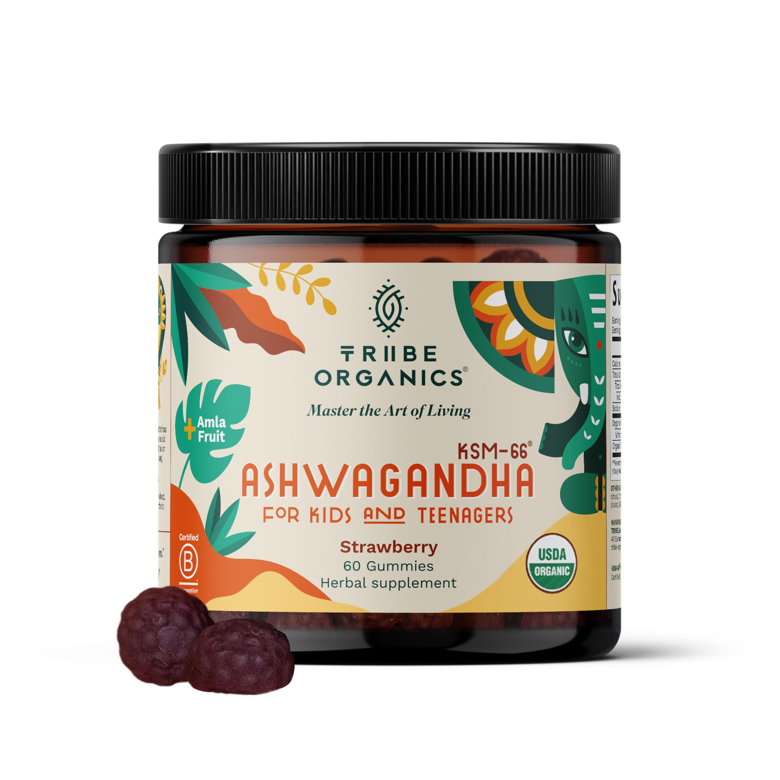 TRIBE ORGANICS Gommes Ashwagandha — bouteille couleur énergie douce pour l'enfant