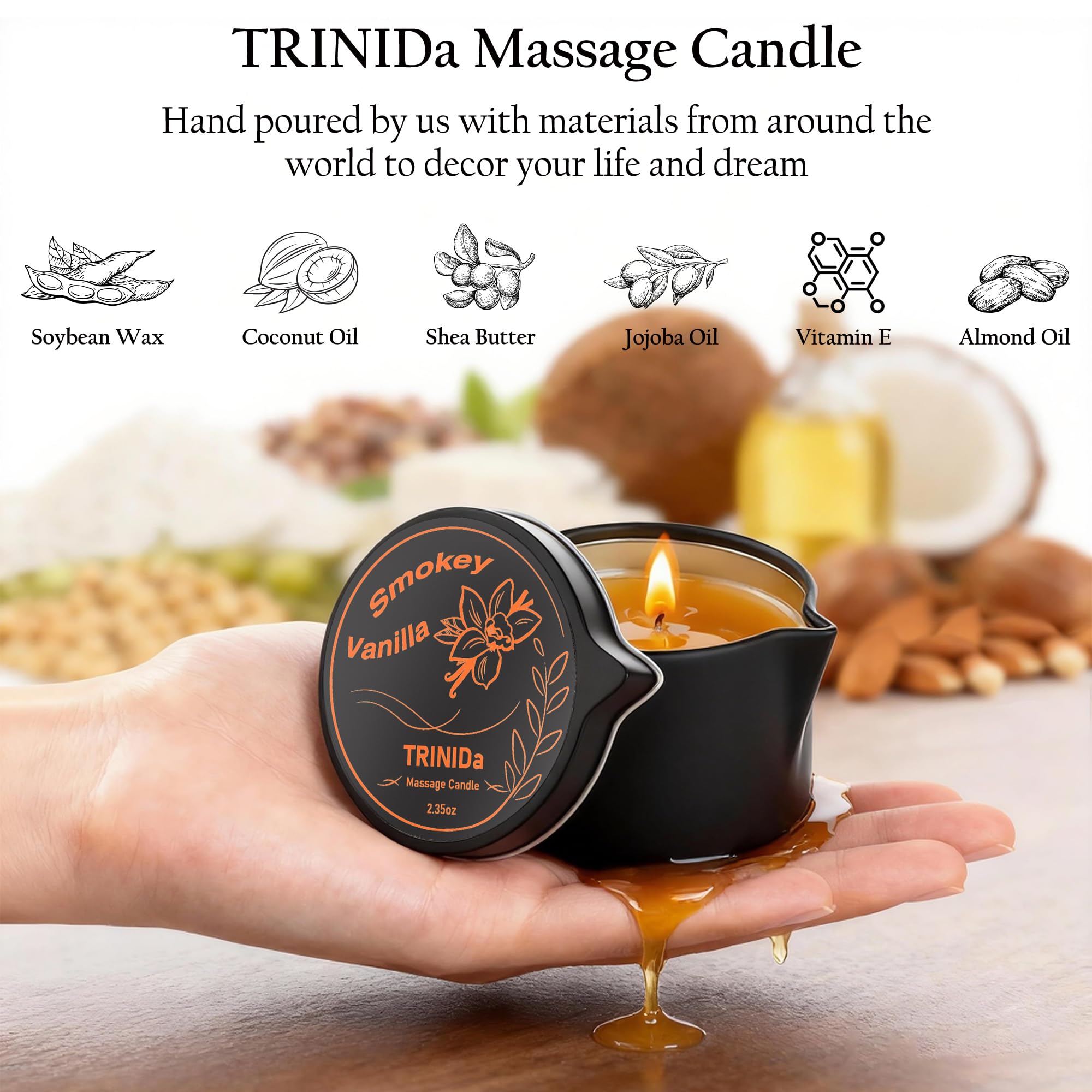 TRINIDa Bougie Massage Vanille-relaxation apaise les sens.