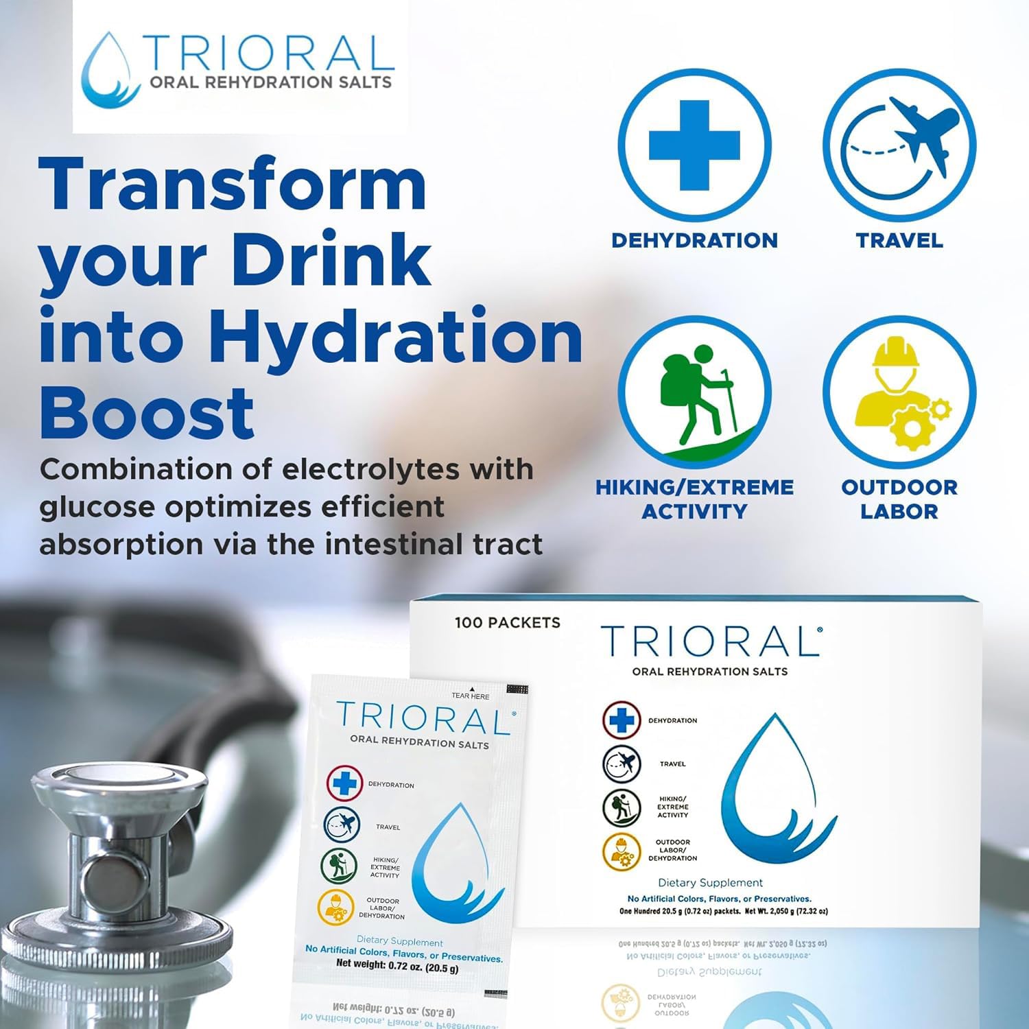TRIORAL formule non aromatisée adaptée à l’hydratation quotidienne.