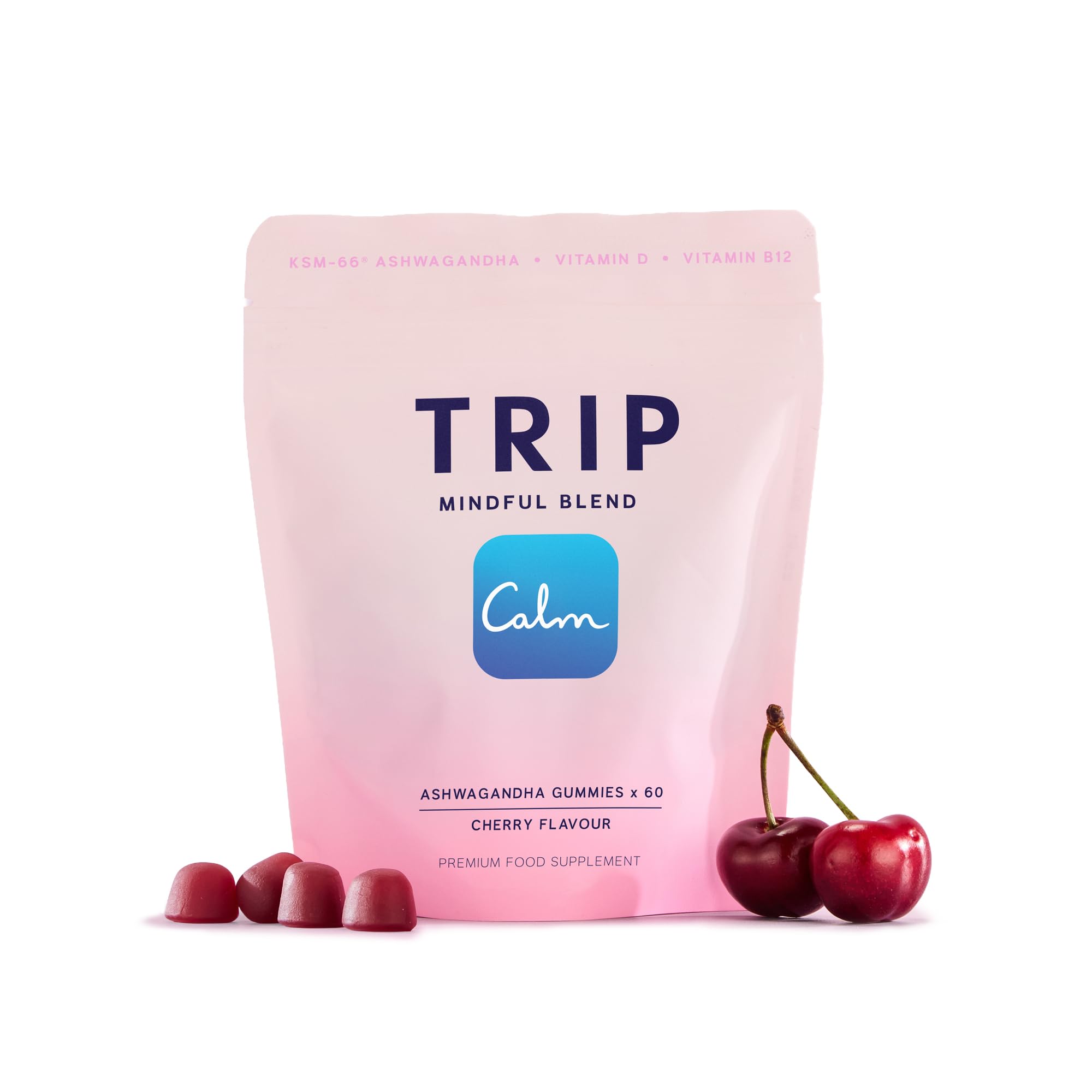 Gomme TRIP à l’ashwagandha goût cerise avec texture moelleuse idéale pour une pause gourmande.