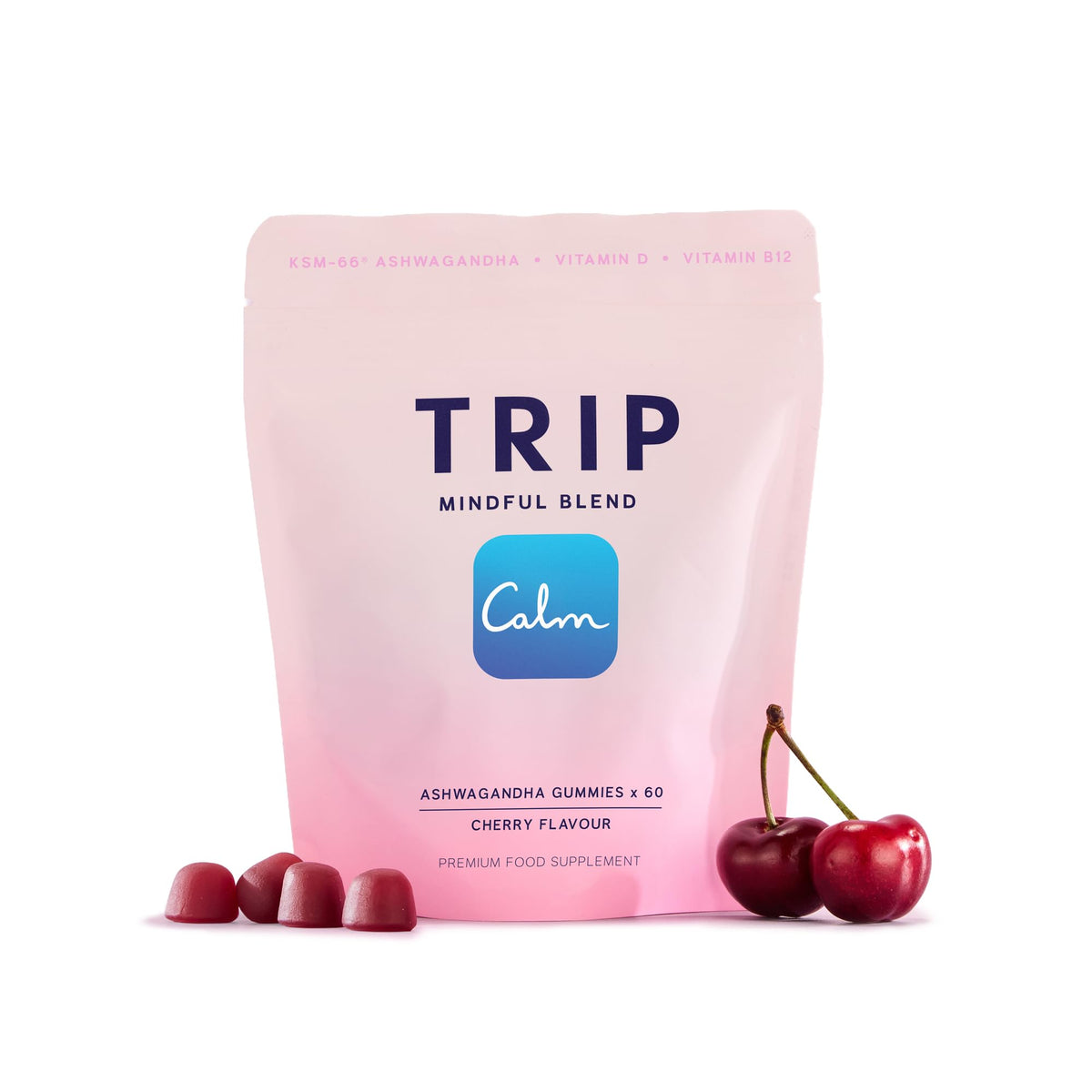 Gomme TRIP à l’ashwagandha goût cerise avec texture moelleuse idéale pour une pause gourmande.