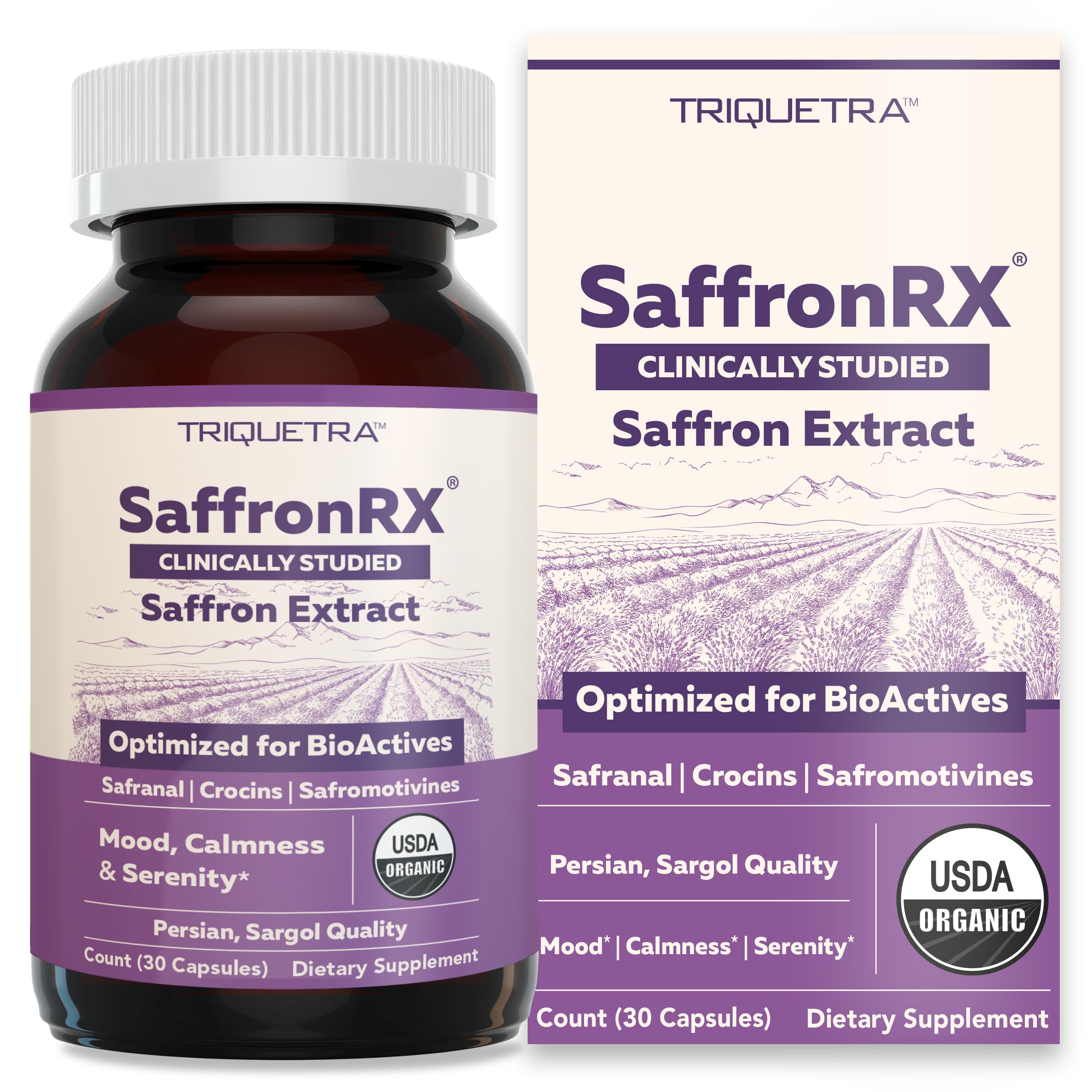 Triquetra Health Extrait de Safran Biologique – bouteille montrée pour favoriser le calme et la clarté mentale.