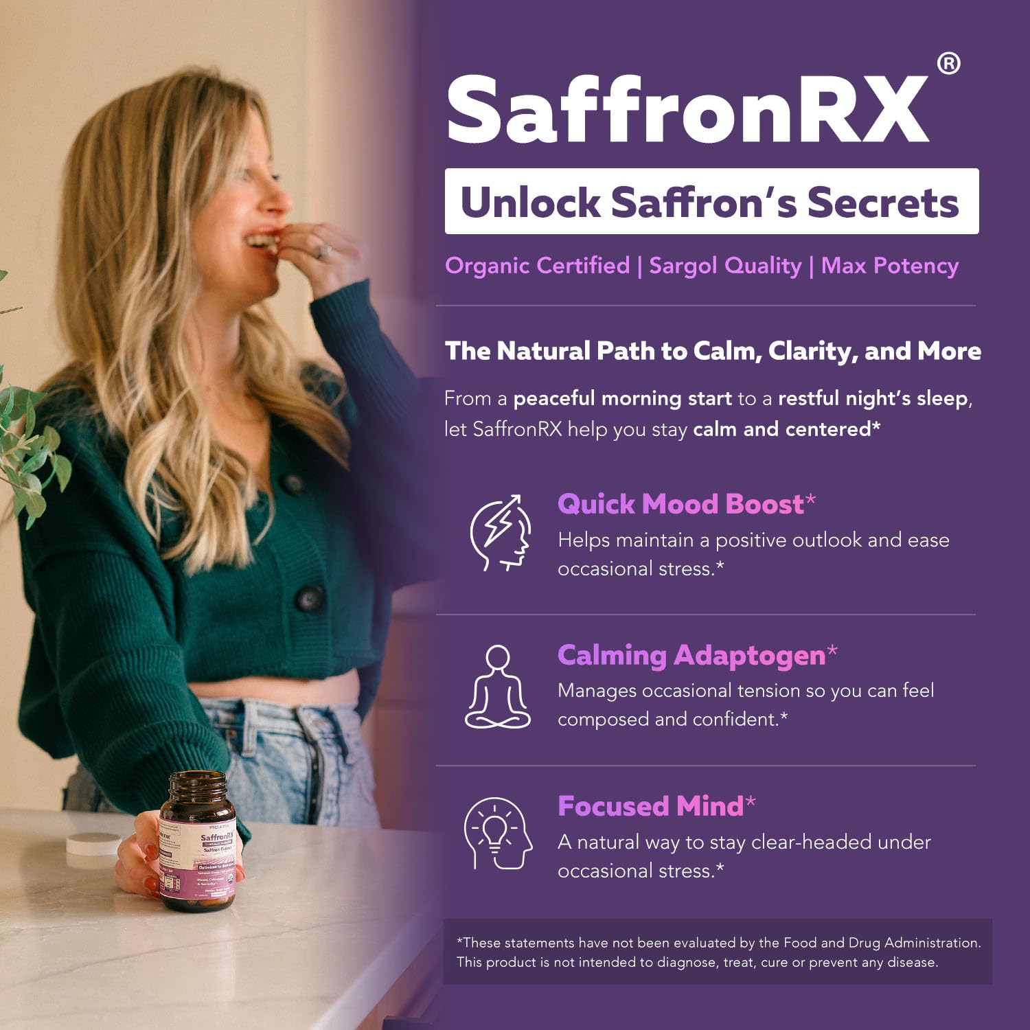 Triquetra Health Extrait de Safran Biologique – capsules alignées, potentiel d’humeur équilibrée et d’attention.