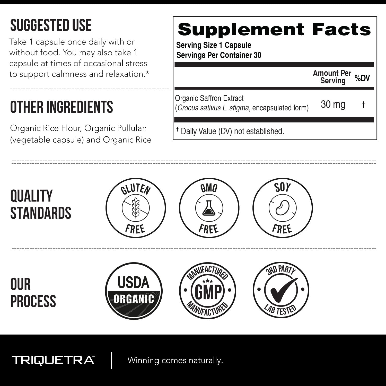 Triquetra Health Extrait de Safran Biologique – notice claire et packaging premium.