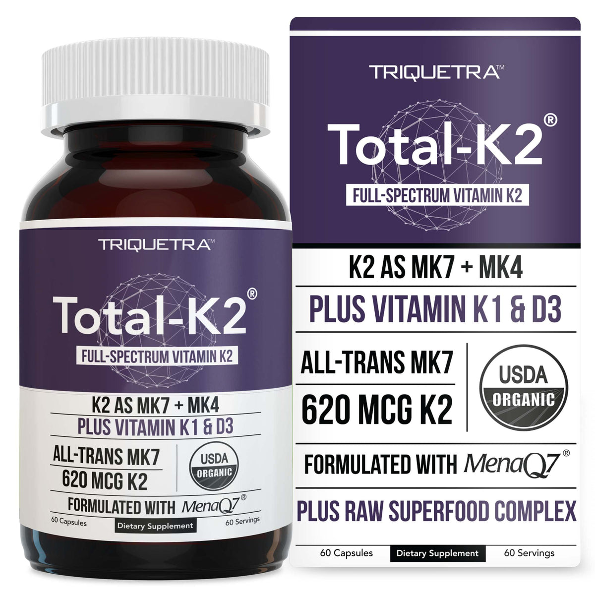 Triquetra Health Total K2: bouteille MenaQ7 présentant une dose quotidienne potentielle pour les os.