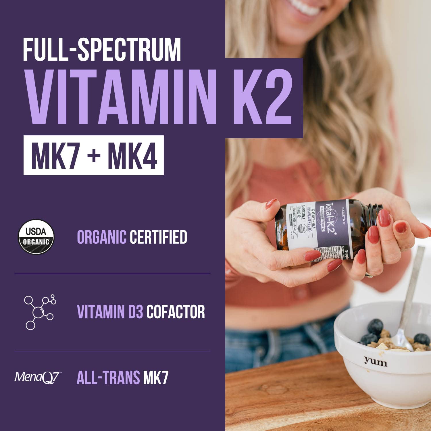 Triquetra Health Total K2: capsules blanches prêtes à l'emploi pour soutenir l'équilibre des nutriments.