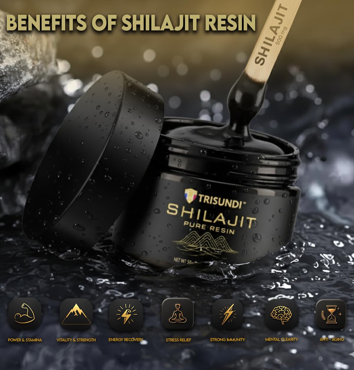 Trisundi dissolution-resine-shilajit-chaud, dissolution facile dans une boisson chaude.